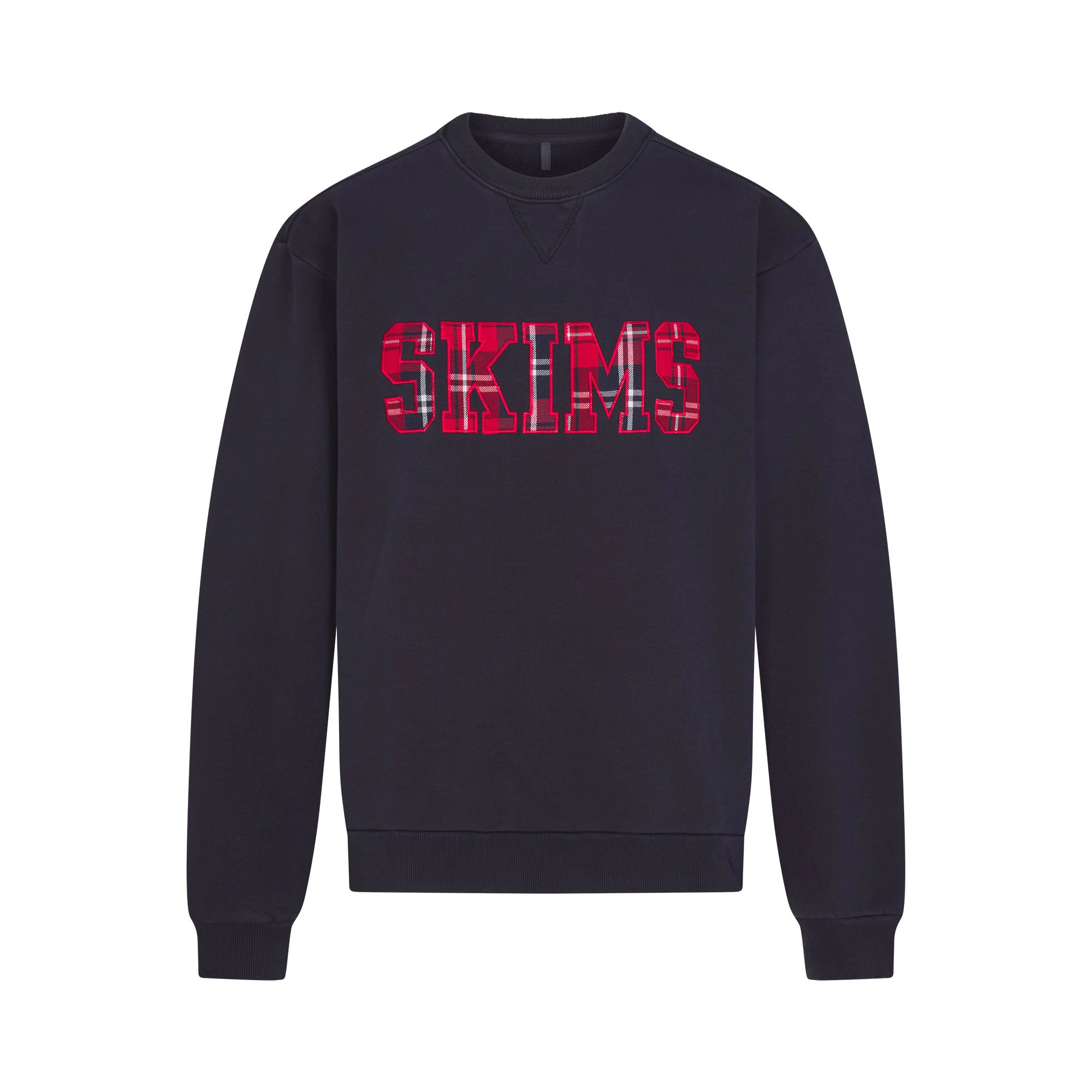 BOYFRIEND FLEECE OVERSIZED CREWNECK | BLUE BLACK SKIMS PLAID & LAYS FLAT ON A WHITE BACKGROUND | FLT