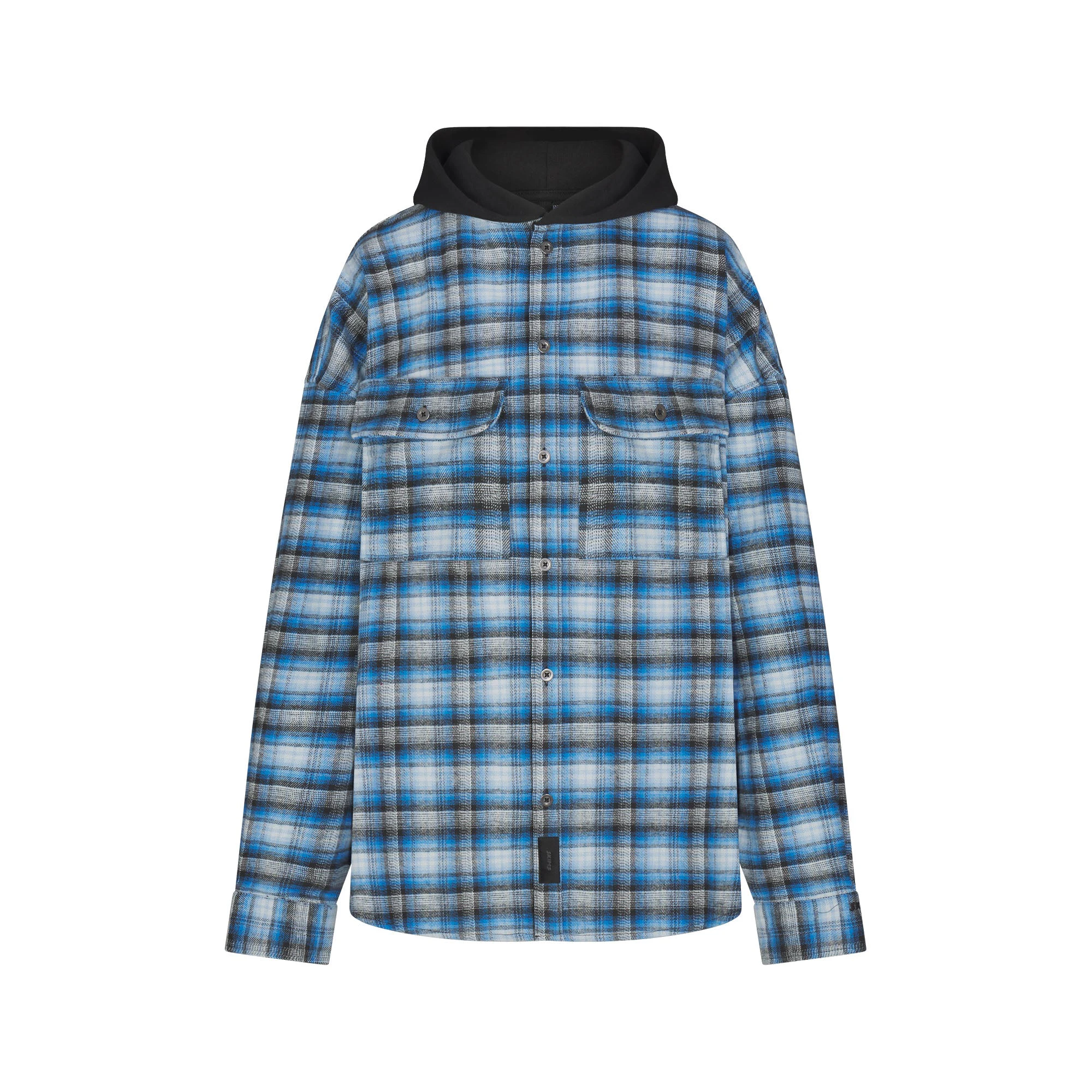 OUTDOOR FLANNEL OVERSIZED HOODED SHIRT | AZURE PLAID & LAYS FLAT ON A WHITE BACKGROUND | FLT