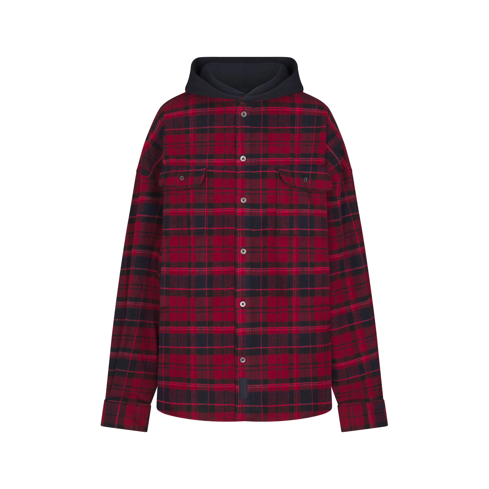 OUTDOOR FLANNEL OVERSIZED HOODED SHIRT | MERLOT CABIN PLAID & LAYS FLAT ON A WHITE BACKGROUND | FLT