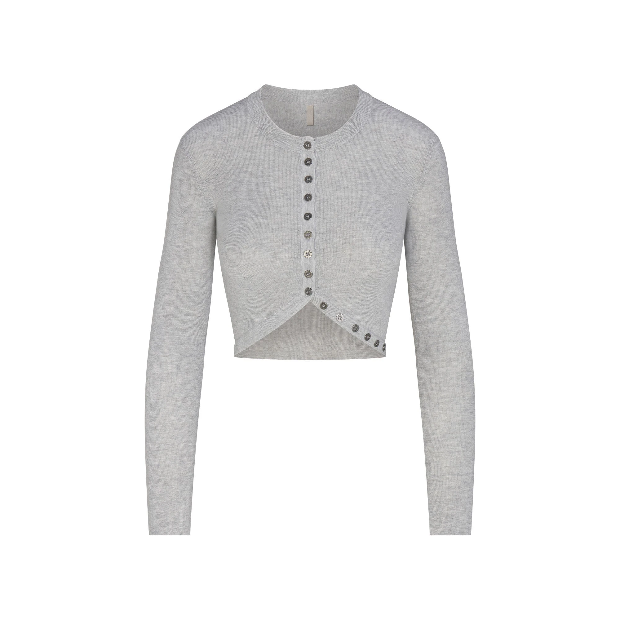 ESSENTIAL SWEATERS WRAP SWEATER | MID HEATHER GREY FLAT ON A WHITE BACKGROUND | FLT