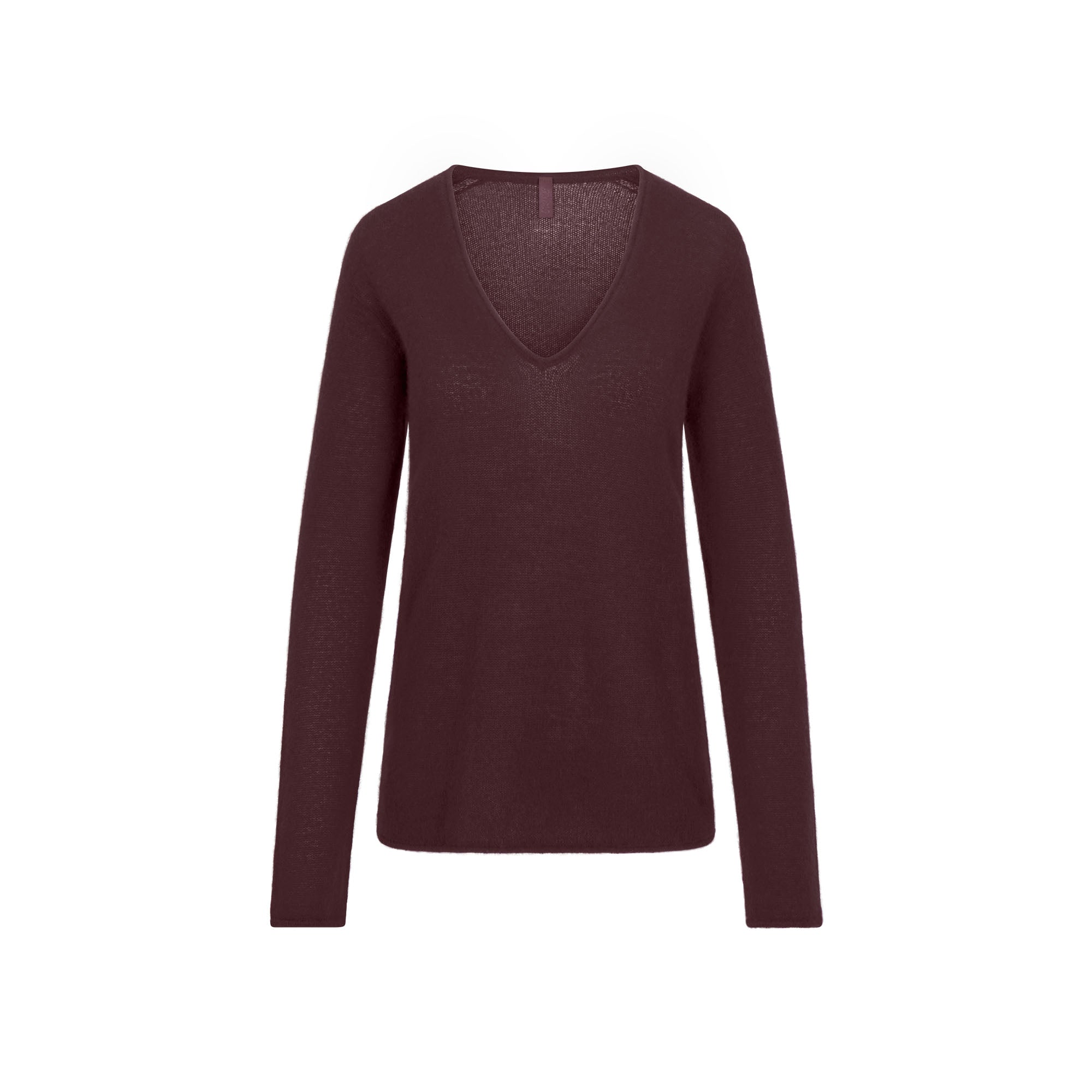 AIRY CASHMERE V-NECK PULLOVER | CURRANT FLAT ON A WHITE BACKGROUND | FLT