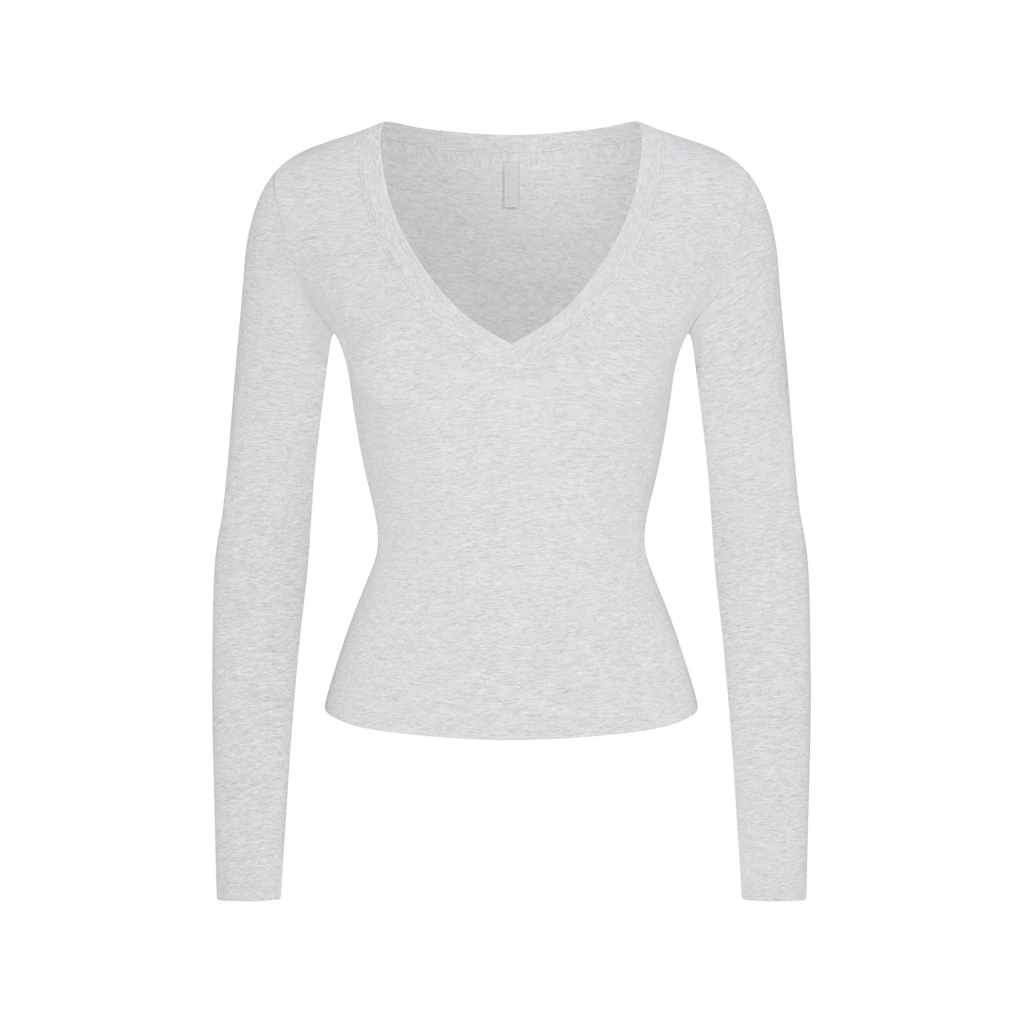 COTTON JERSEY V NECK LONG SLEEVE TOP | LIGHT HEATHER GREY FLAT ON A WHITE BACKGROUND | FLT