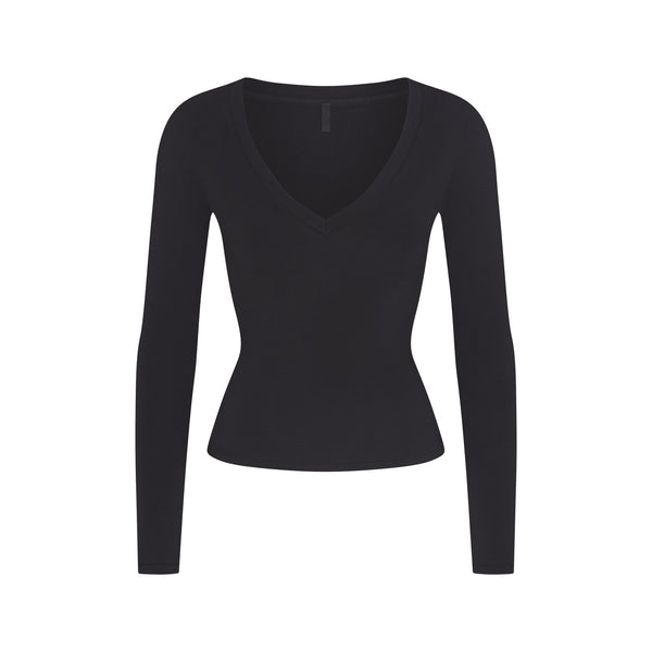 SKIMS ブラック ロングスリーブ　トップス COTTON RIB ZIP UP TOP | SOOT | SKIMS