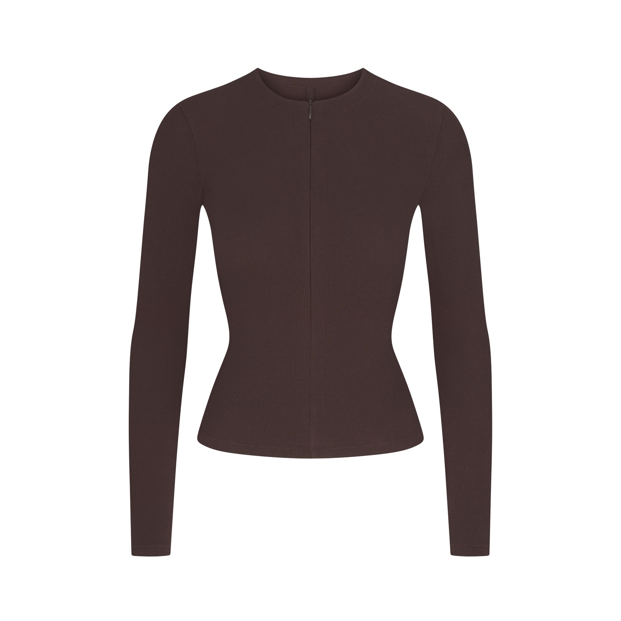 COTTON RIB ZIP UP TOP | ESPRESSO FLAT ON A WHITE BACKGROUND | FLT