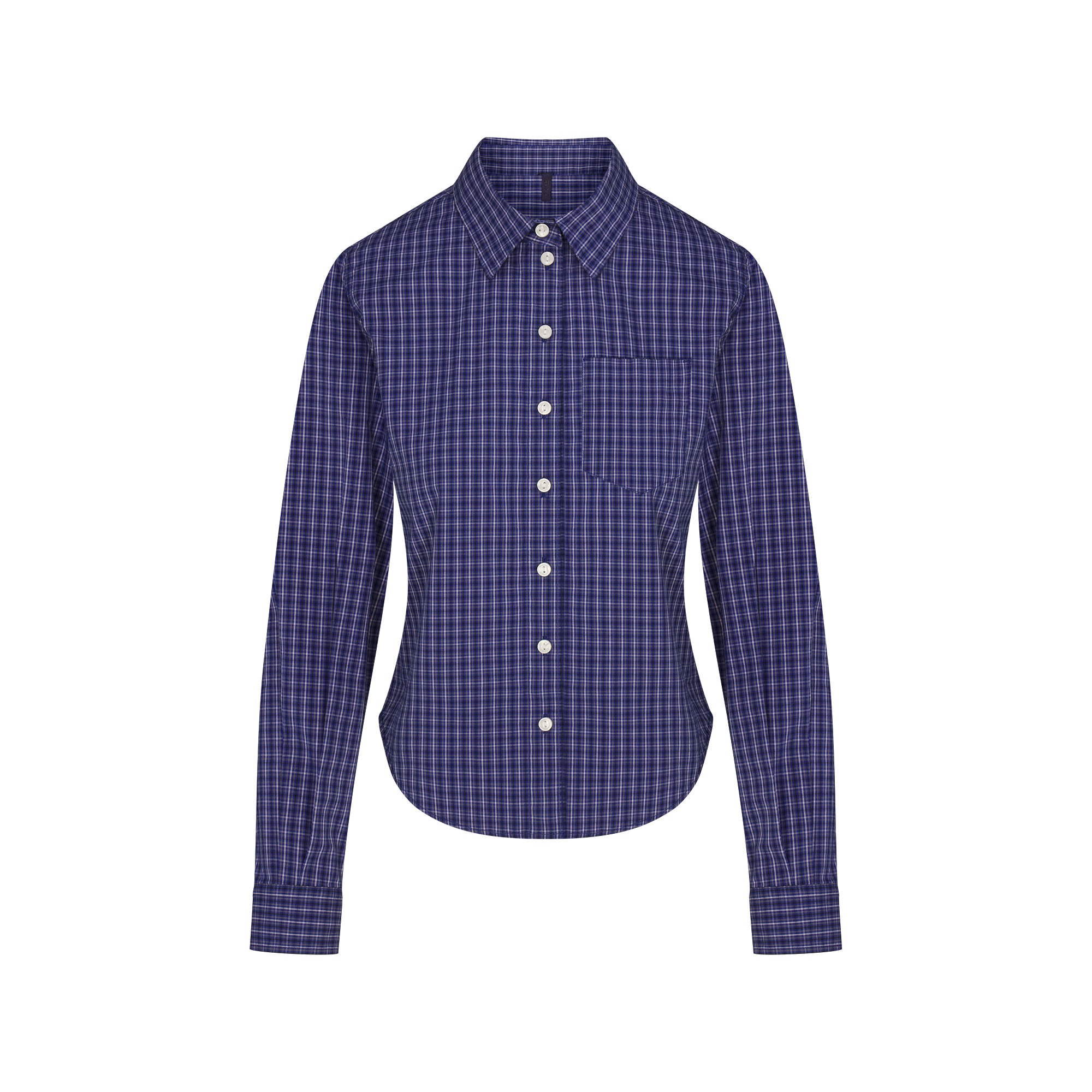 COTTON POPLIN SHRUNKEN BUTTON UP SHIRT | NAVY CHECK FLAT ON A WHITE BACKGROUND | FLT