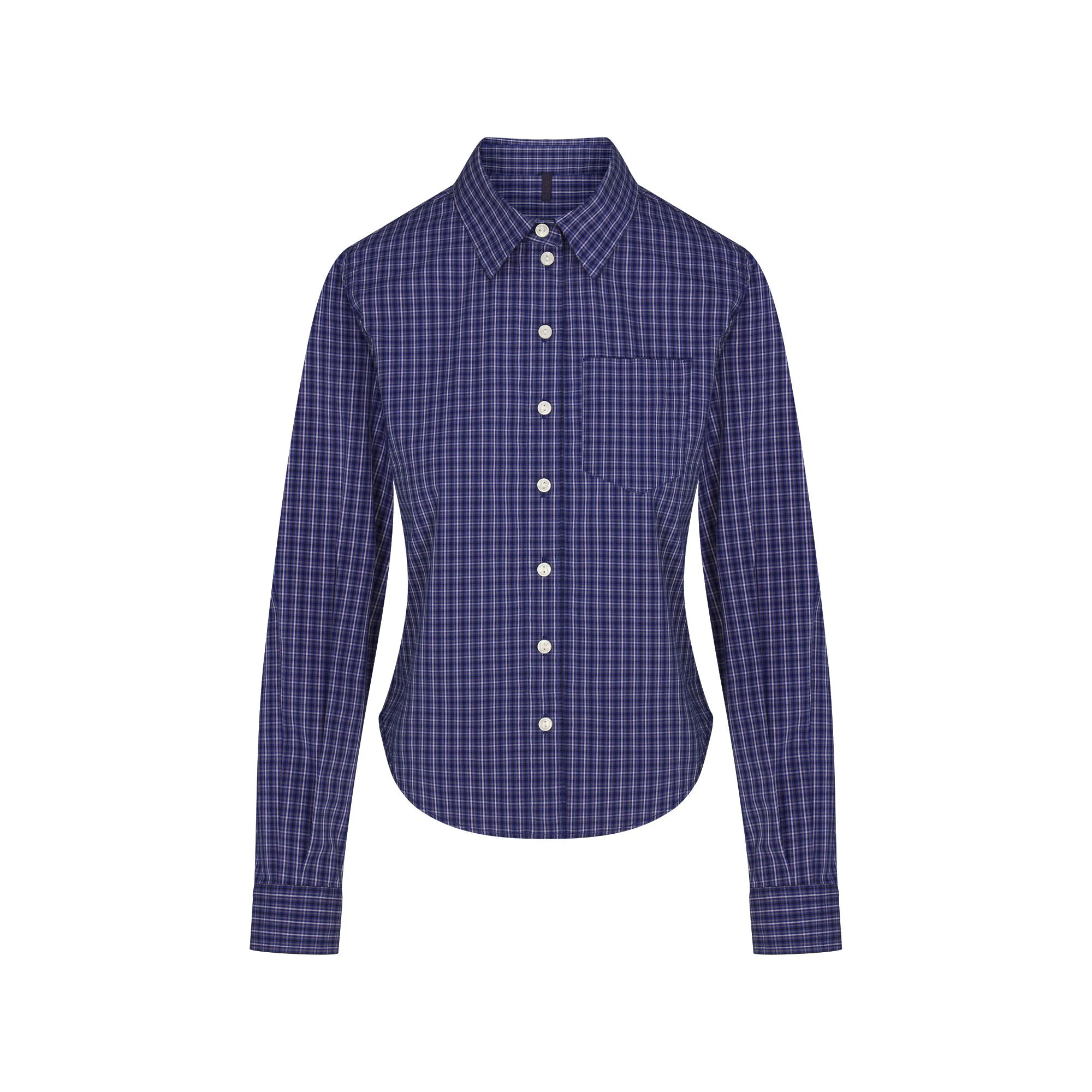 COTTON POPLIN SHRUNKEN BUTTON UP SHIRT | NAVY CHECK FLAT ON A WHITE BACKGROUND | FLT