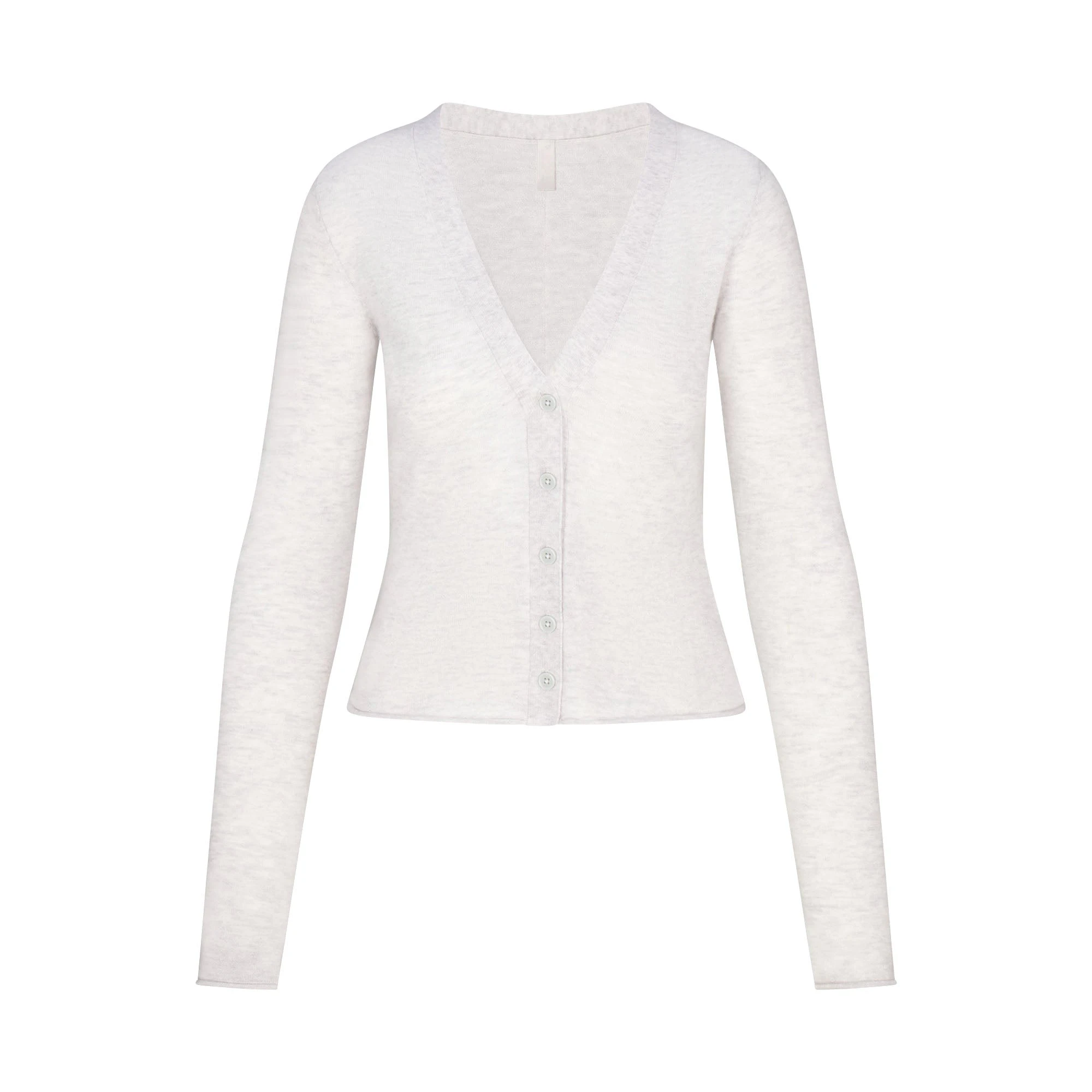 FEATHERWEIGHT CASHMERE CARDIGAN | LIGHT HEATHER GREY FLAT ON A WHITE BACKGROUND | FLT