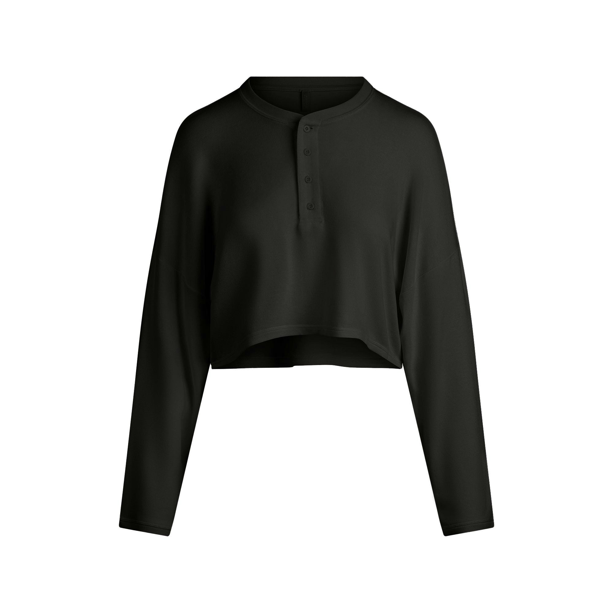 LIGHTWEIGHT MODAL CROPPED HENLEY | ONYX FLAT ON A WHITE BACKGROUND | FLT