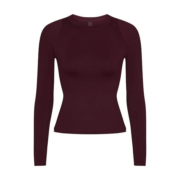 NikeSKIMS AIRY LONG SLEEVE CREW NECK TOP | CURRANT FLAT ON A WHITE BACKGROUND | FLT