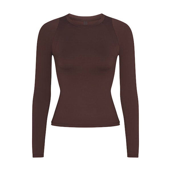 NikeSKIMS AIRY LONG SLEEVE CREW NECK TOP | DARK SEPIA FLAT ON A WHITE BACKGROUND | FLT
