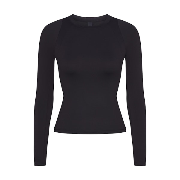 NikeSKIMS AIRY LONG SLEEVE CREW NECK TOP | OBSIDIAN FLAT ON A WHITE BACKGROUND | FLT