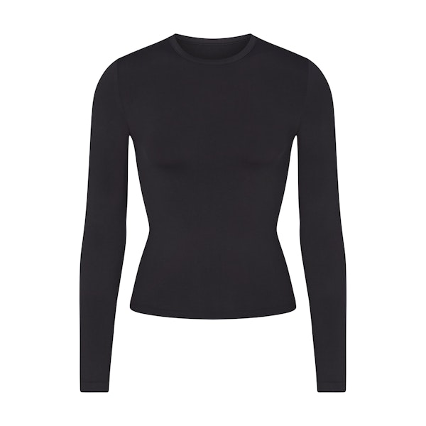 SOFT SMOOTHING SEAMLESS LONG SLEEVE T-SHIRT | ONYX (LONG SLEEVE T-SHIRTS, TOPS) LAYS FLAT ON A WHITE BACKGROUND