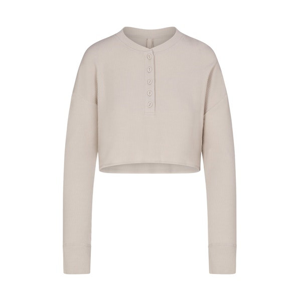 WAFFLE HENLEY CROPPED LONG SLEEVE | STONE (LONG SLEEVE T-SHIRTS, TOPS) LAYS FLAT ON A WHITE BACKGROUND