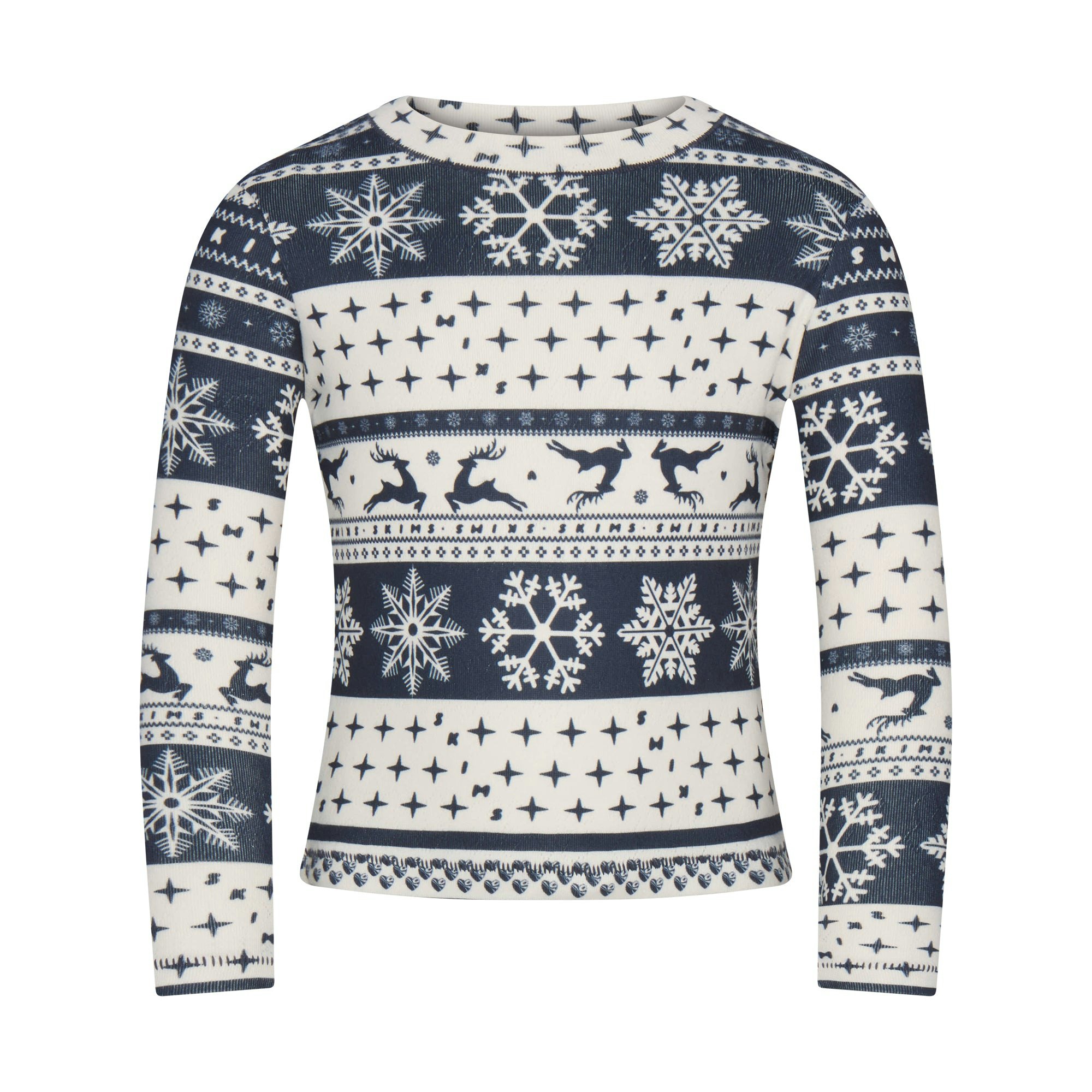 LOGO PLUSH POINTELLE KIDS LONG SLEEVE SET | NAVY DEER FAIR ISLE FLAT ON A WHITE BACKGROUND | FLT