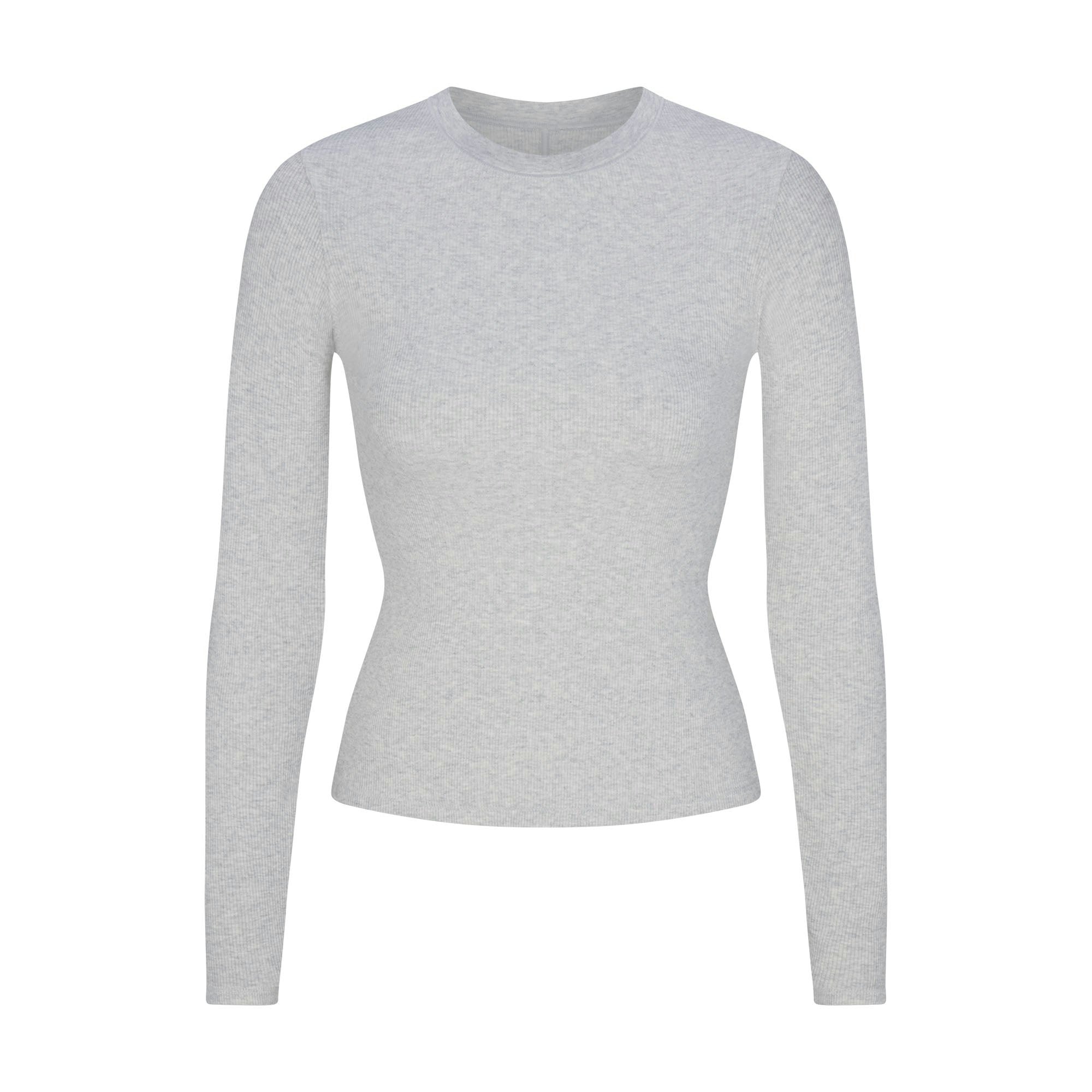 COTTON RIB LONG SLEEVE T-SHIRT | LIGHT HEATHER GREY (LONG SLEEVE T-SHIRTS, TOPS) FLAT ON A WHITE BACKGROUND | FLT