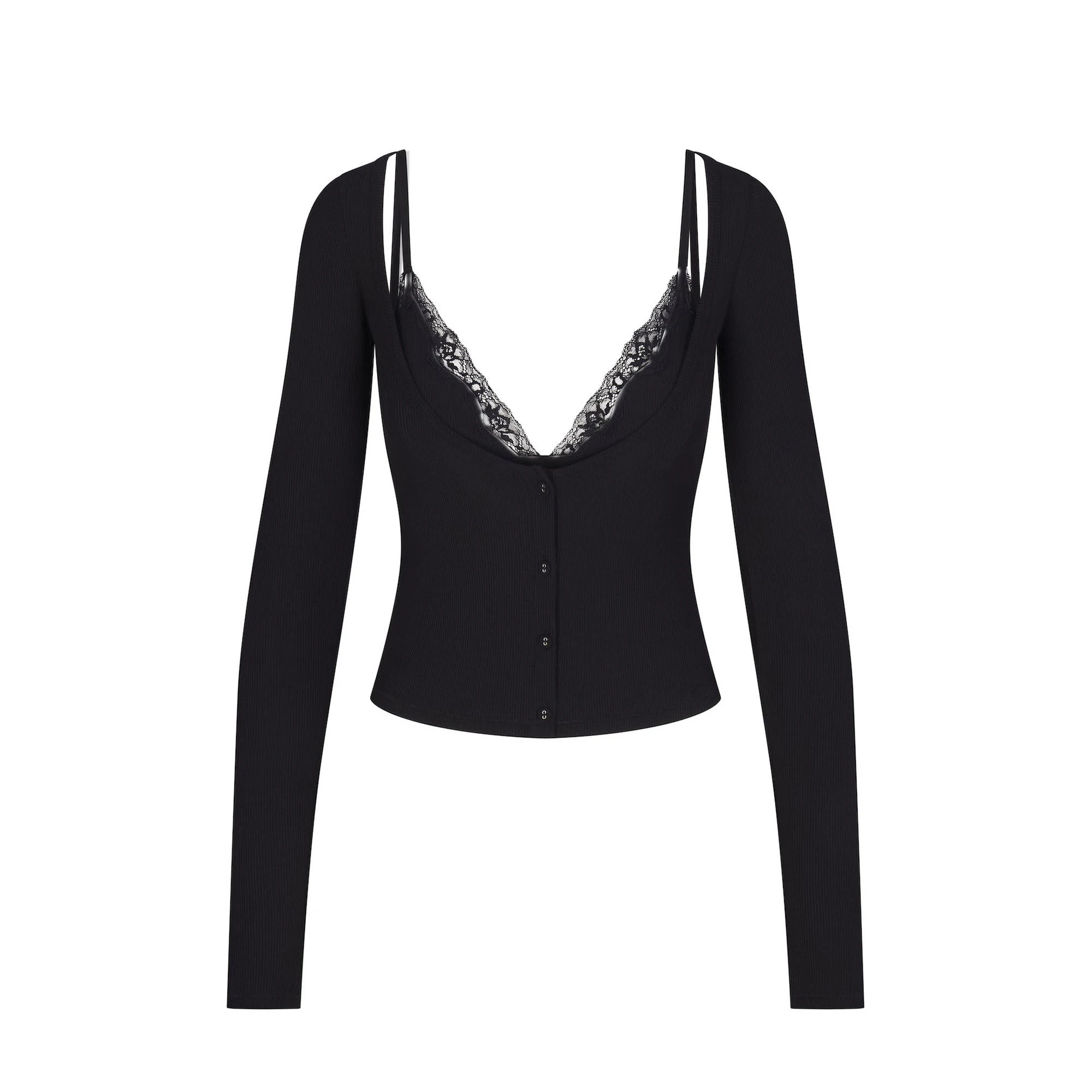 SOFT LOUNGE LACE LONG SLEEVE TOP WITH BRALETTE | ONYX (LONG SLEEVE T-SHIRTS, TOPS) LAYS FLAT ON A WHITE BACKGROUND | FLT