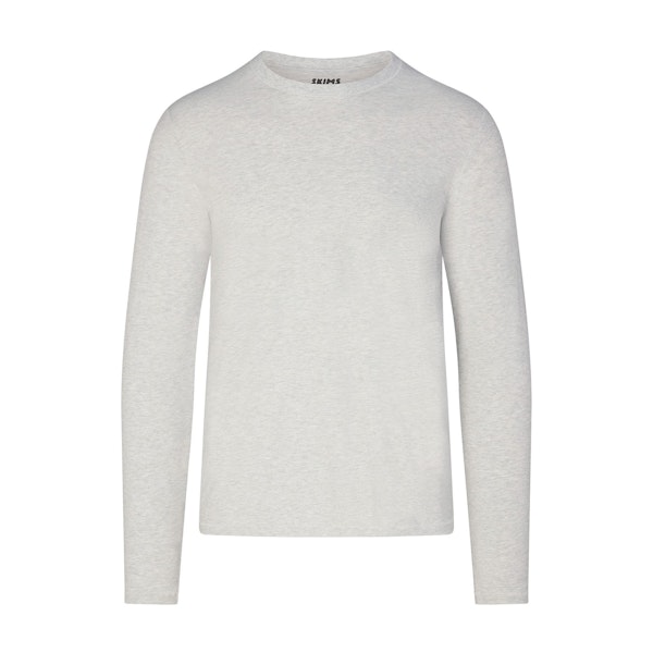 SKIMS COTTON MENS LONG SLEEVE T-SHIRT | LIGHT HEATHER GREY (MENS LONG SLEEVE T-SHIRTS, MENS TOPS) LAYS FLAT ON A WHITE BACKGROUND
