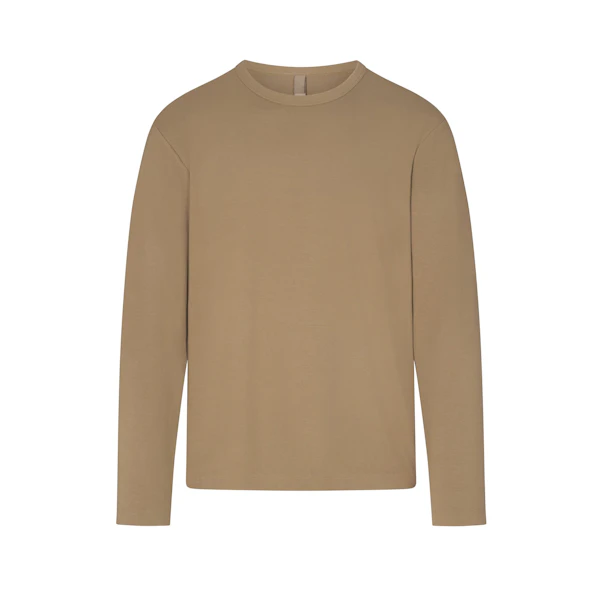 JERSEY LOUNGE MENS RELAXED LONG SLEEVE T-SHIRT | KHAKI (MENS LONG SLEEVE T-SHIRTS, MENS TOPS) LAYS FLAT ON A WHITE BACKGROUND | FLT