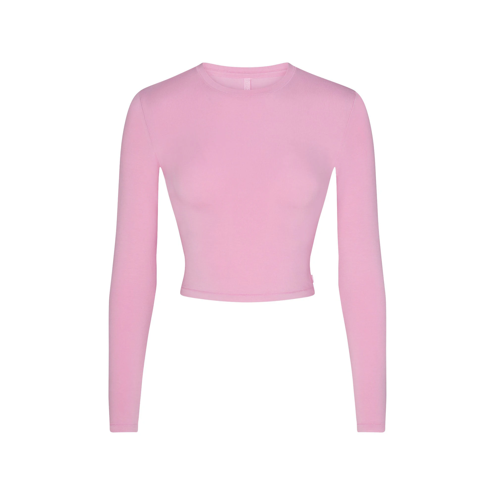 SKIMS SLEEP SUPER CROPPED LONG SLEEVE | BUBBLE GUM (CROP TOPS, SLEEP) LAYS FLAT ON A WHITE BACKGROUND