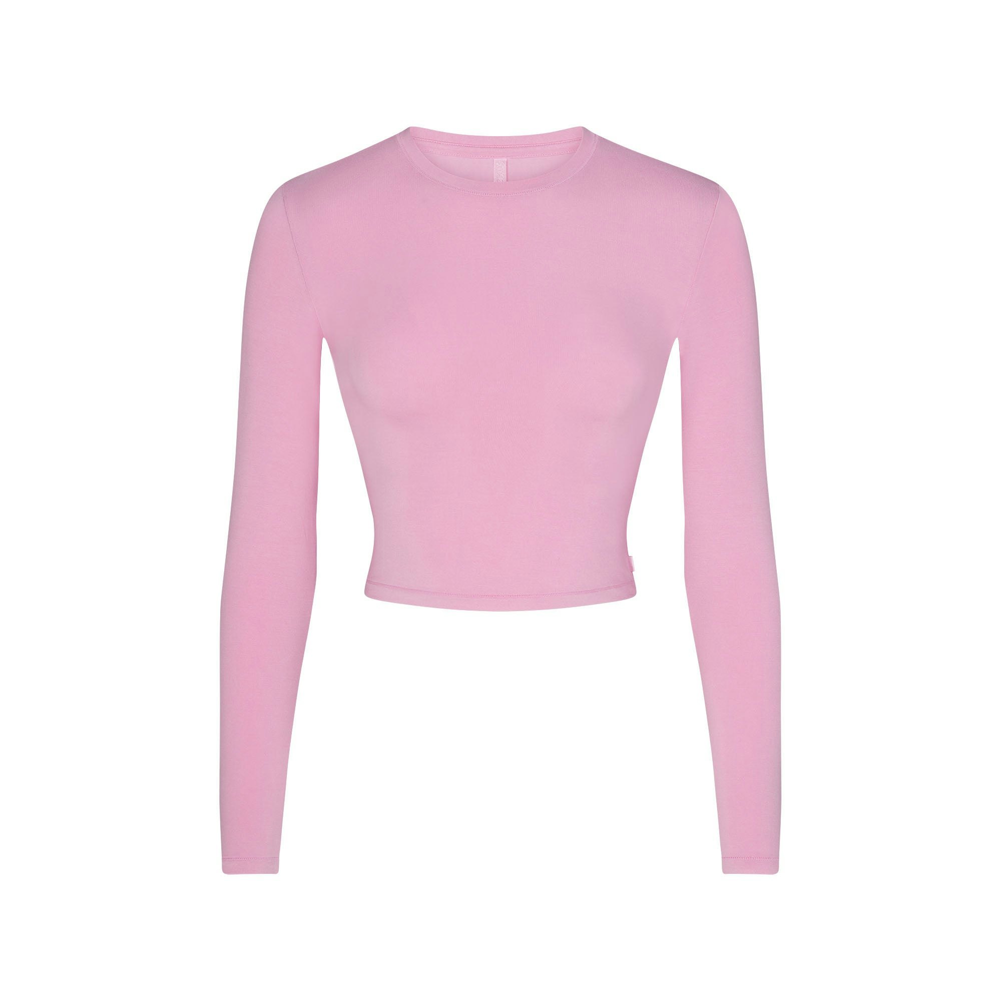 SKIMS SLEEP SUPER CROPPED LONG SLEEVE | BUBBLE GUM (CROP TOPS, SLEEP) LAYS FLAT ON A WHITE BACKGROUND