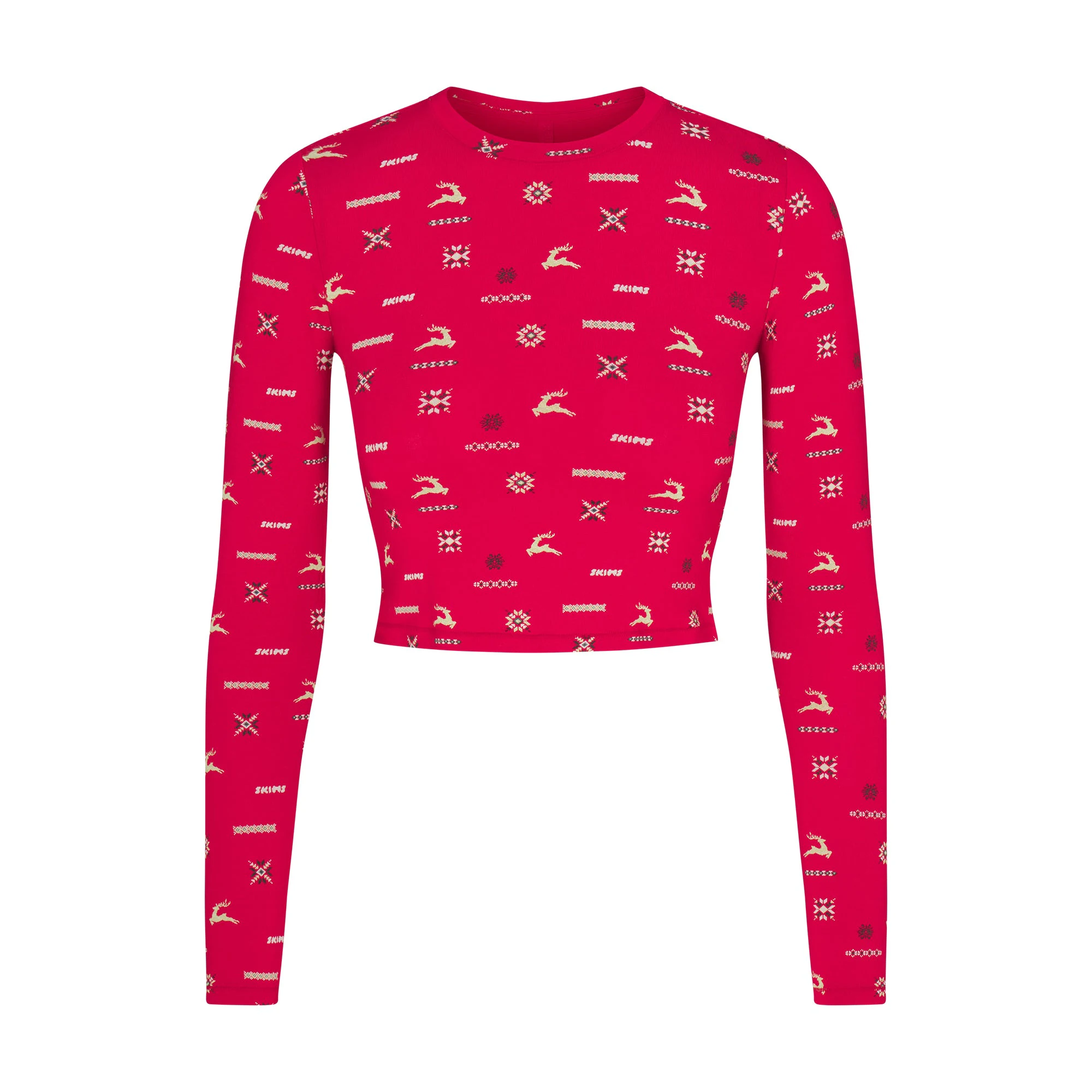 SKIMS SLEEP SUPER CROPPED LONG SLEEVE | CRANBERRY VINTAGE DEER PRINT FLAT ON A WHITE BACKGROUND | FLT