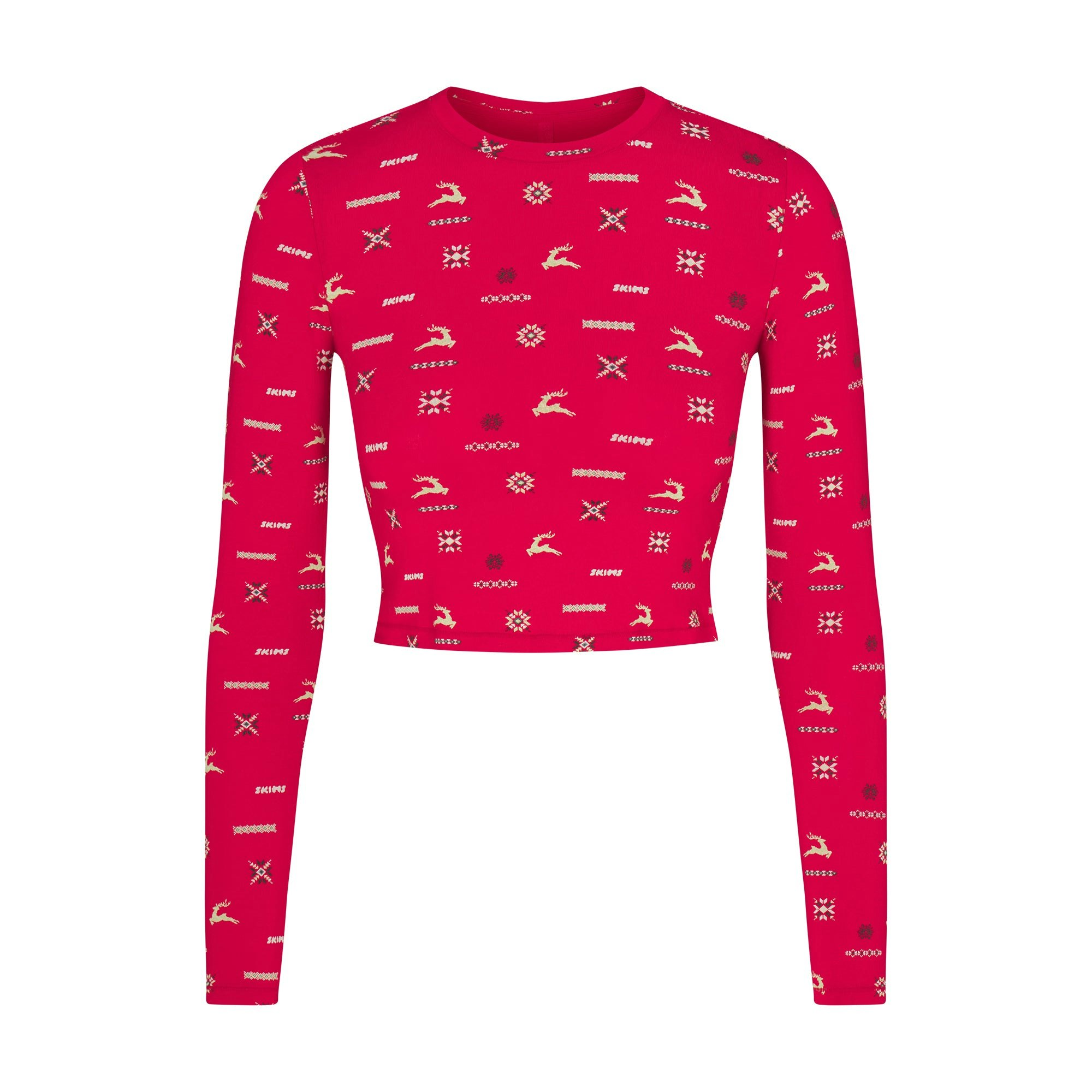 SKIMS SLEEP SUPER CROPPED LONG SLEEVE | CRANBERRY VINTAGE DEER PRINT FLAT ON A WHITE BACKGROUND | FLT