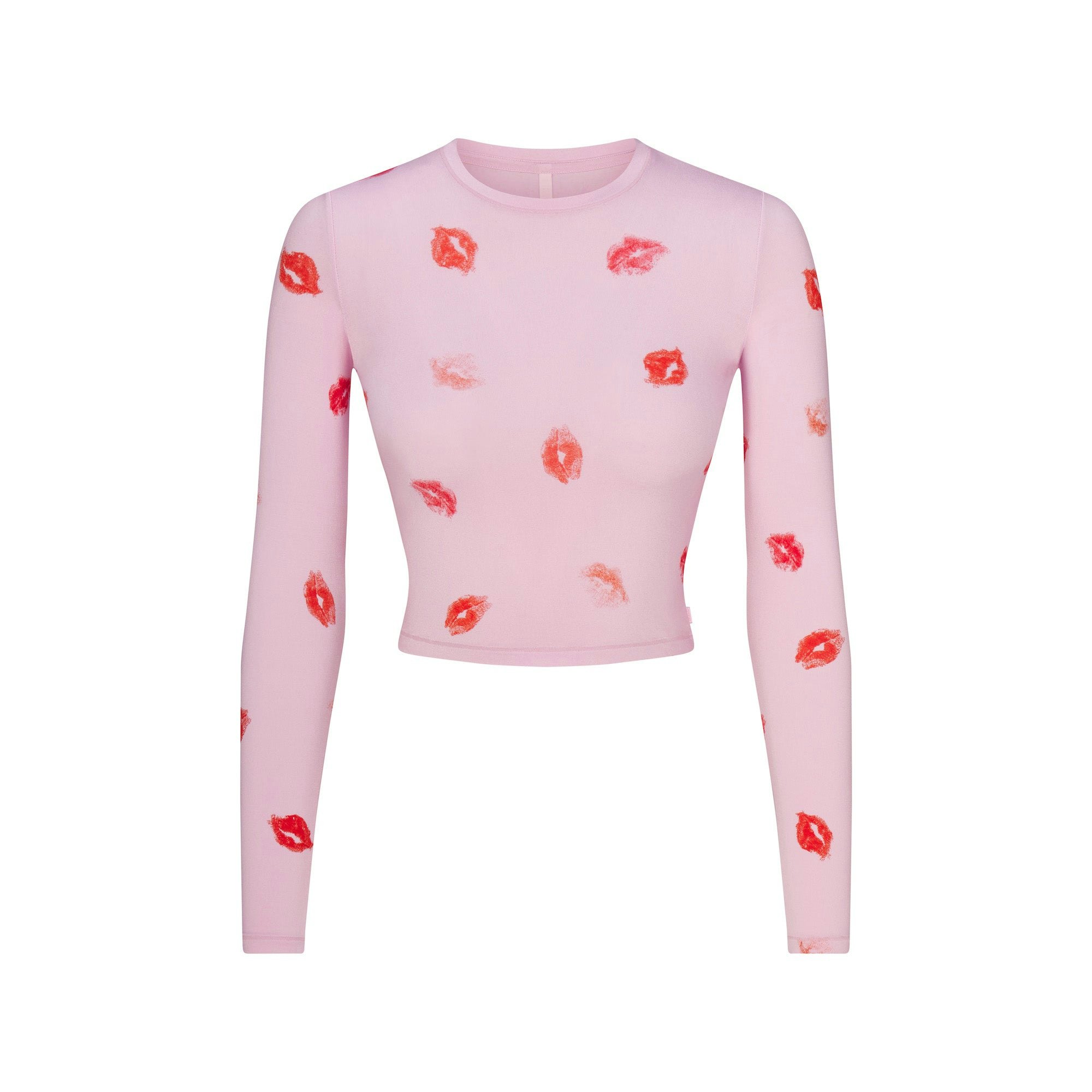 SKIMS SLEEP SUPER CROPPED LONG SLEEVE | CHERRY BLOSSOM LIPSTICK FLAT ON A WHITE BACKGROUND | FLT