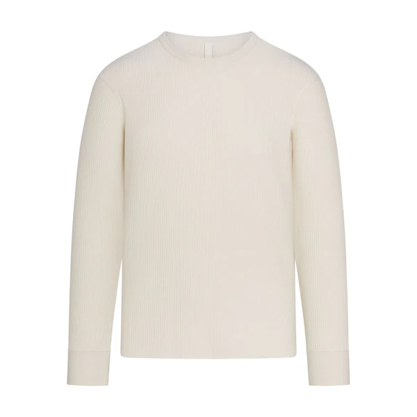 WAFFLE MENS LONG SLEEVE T-SHIRT | ECRU (MENS LONG SLEEVE T-SHIRTS) FLAT ON A WHITE BACKGROUND | FLT