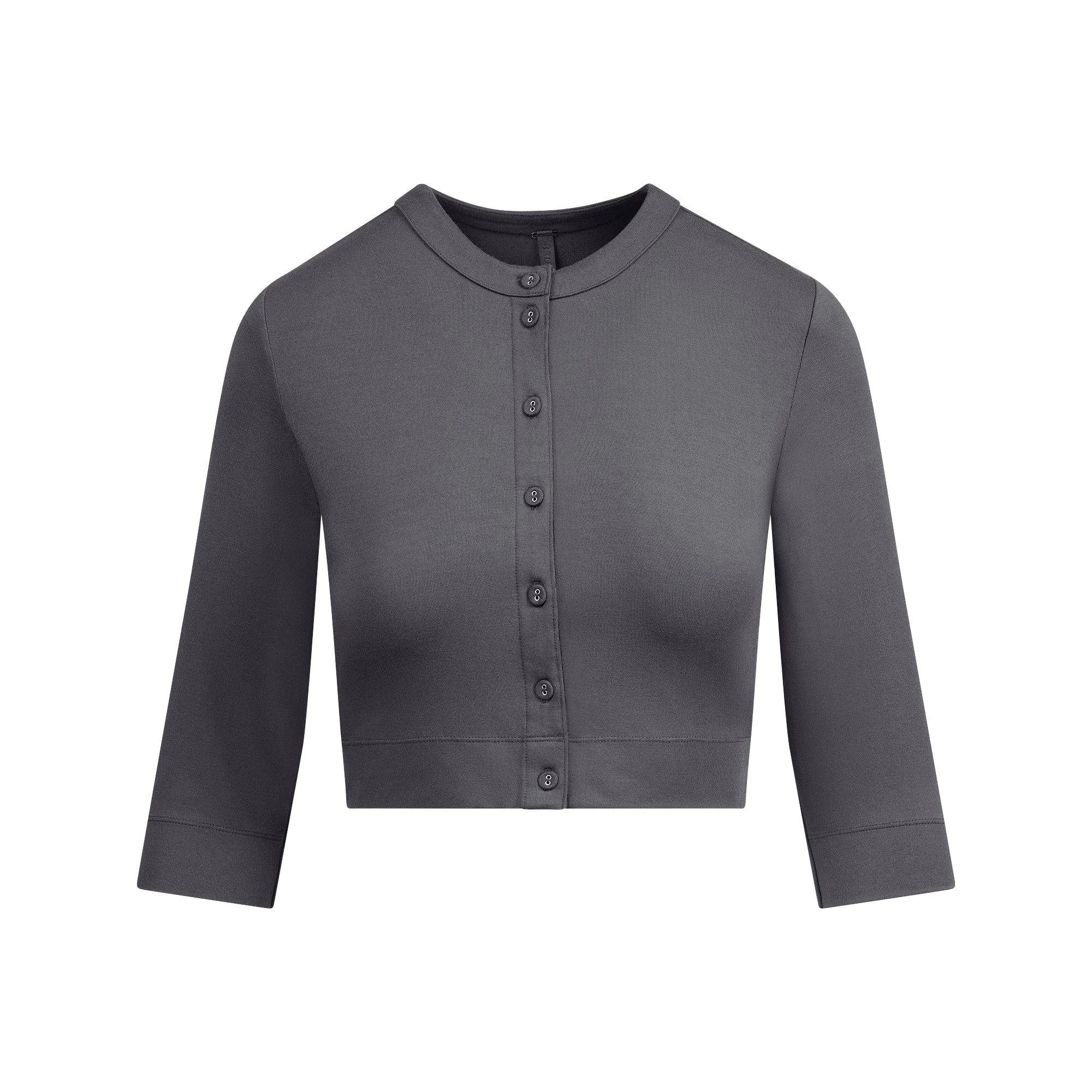 SMOOTH LAYERS CROPPED CARDIGAN | GRAPHITE FLAT ON A WHITE BACKGROUND | FLT