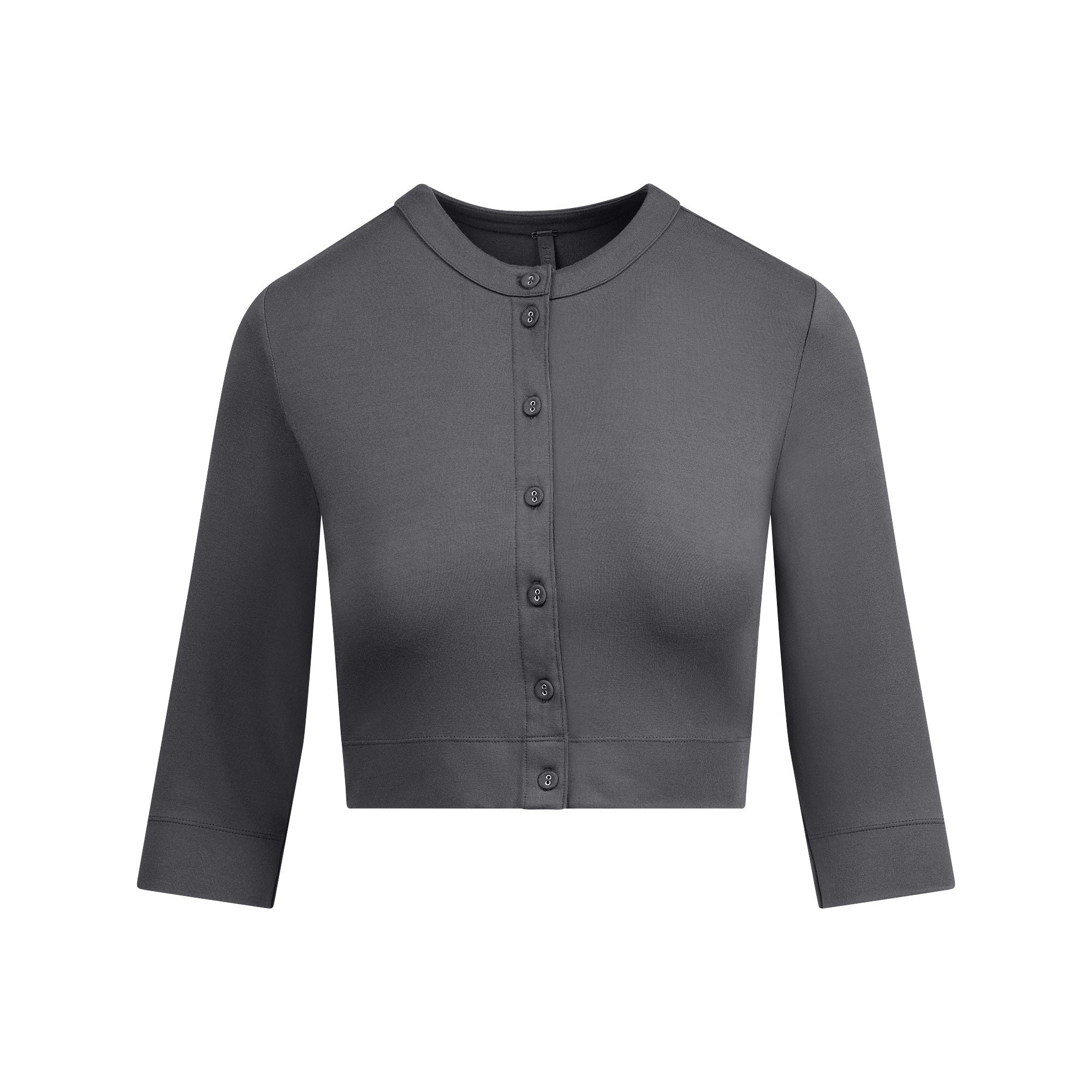 SMOOTH LAYERS CROPPED CARDIGAN | GRAPHITE FLAT ON A WHITE BACKGROUND | FLT