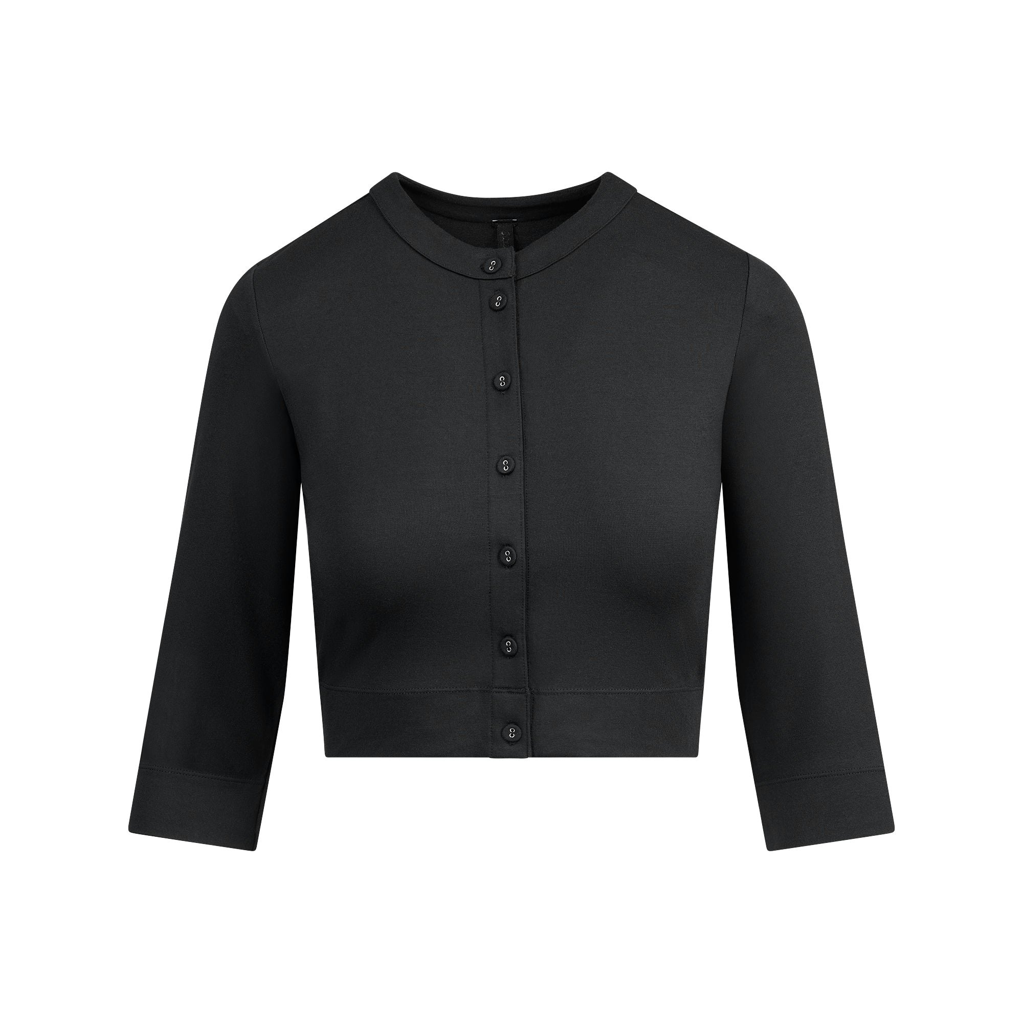 SMOOTH LAYERS CROPPED CARDIGAN | OBSIDIAN FLAT ON A WHITE BACKGROUND | FLT