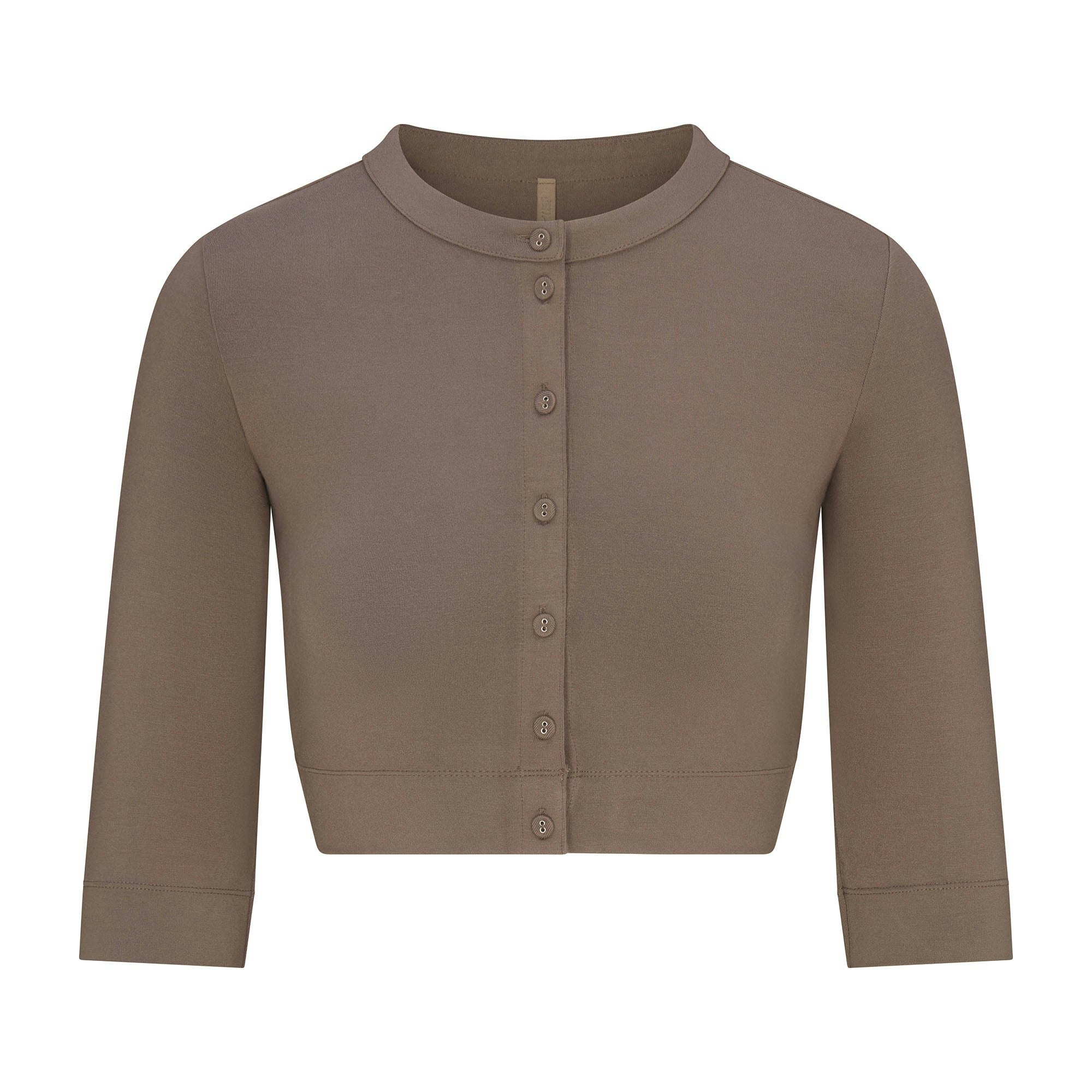 SMOOTH LOUNGE CROPPED CARDIGAN | TRUFFLE FLAT ON A WHITE BACKGROUND | FLT | FLT