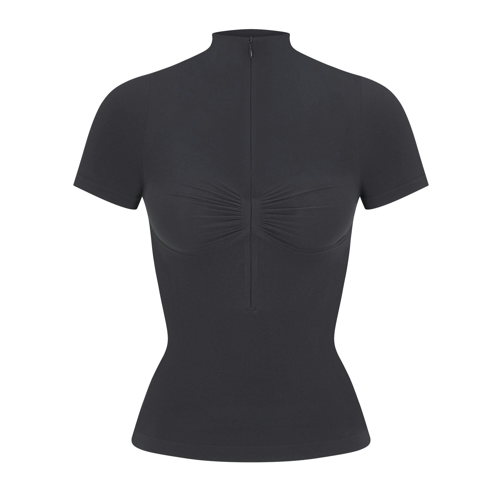 SEAMLESS SCULPT ZIP FRONT T-SHIRT | ASH FLAT ON A WHITE BACKGROUND | FLT