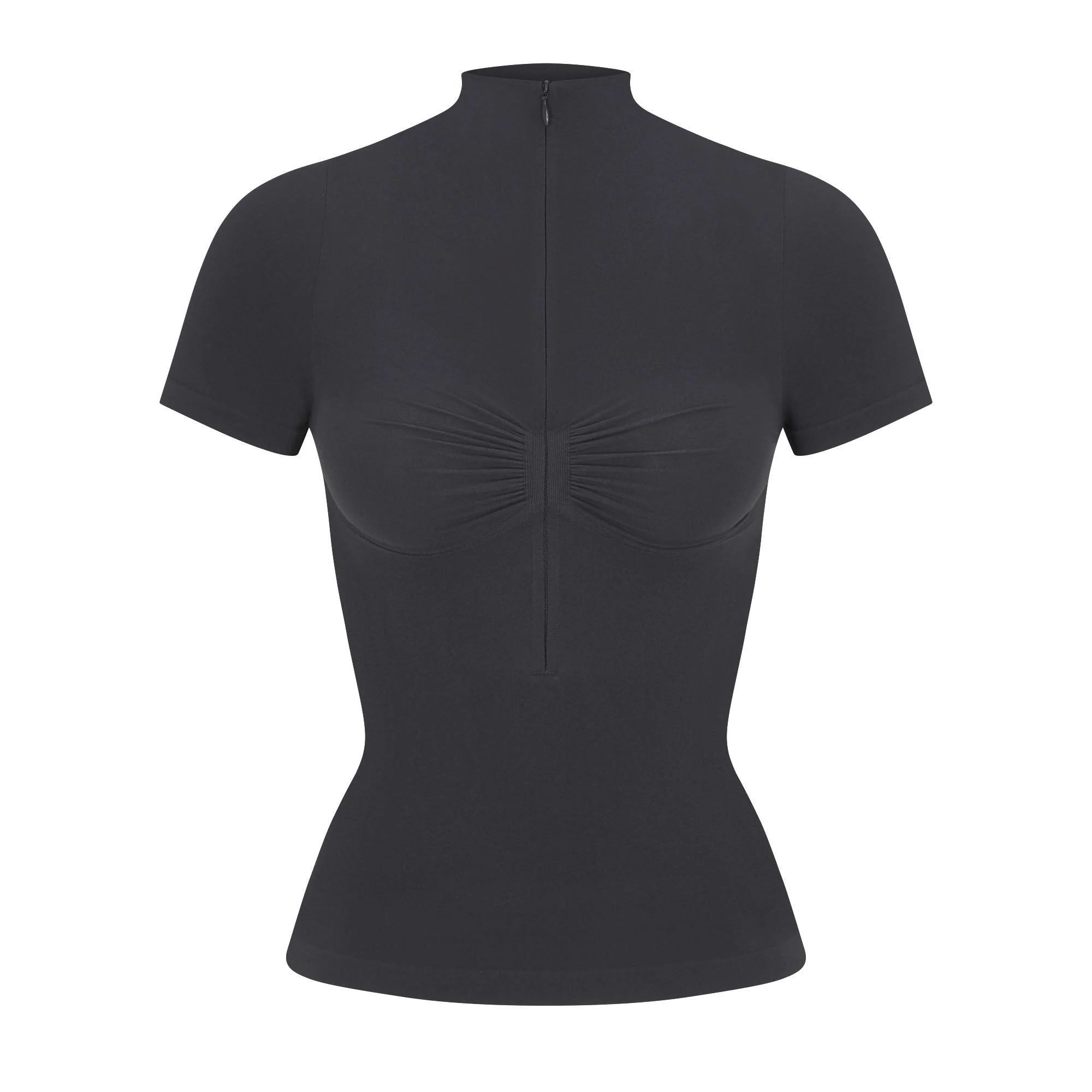 SEAMLESS SCULPT ZIP FRONT T-SHIRT | ASH FLAT ON A WHITE BACKGROUND | FLT