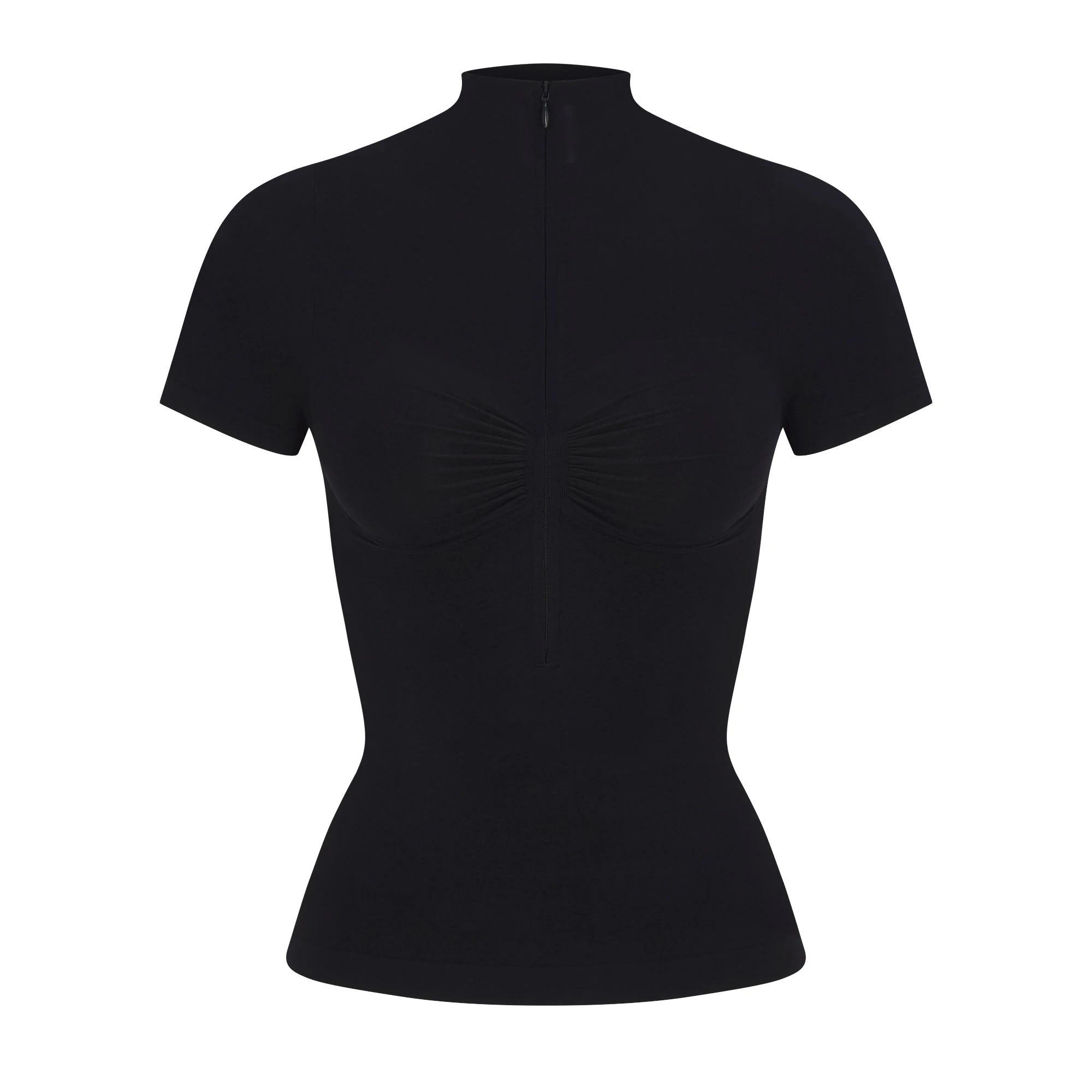 SEAMLESS SCULPT ZIP FRONT T-SHIRT | ONYX FLAT ON A WHITE BACKGROUND | FLT