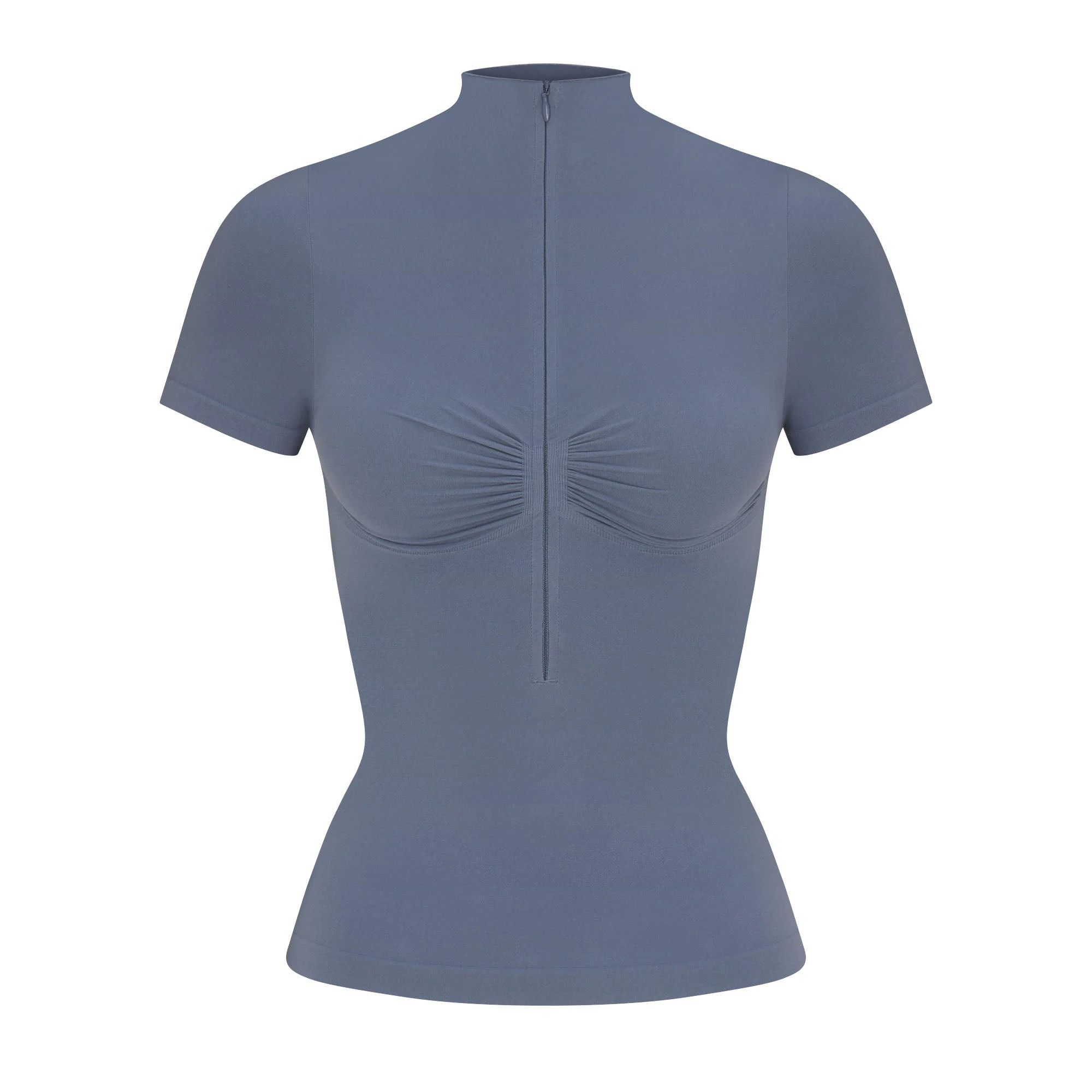 SEAMLESS SCULPT ZIP FRONT T-SHIRT | STEEL BLUE FLAT ON A WHITE BACKGROUND | FLT