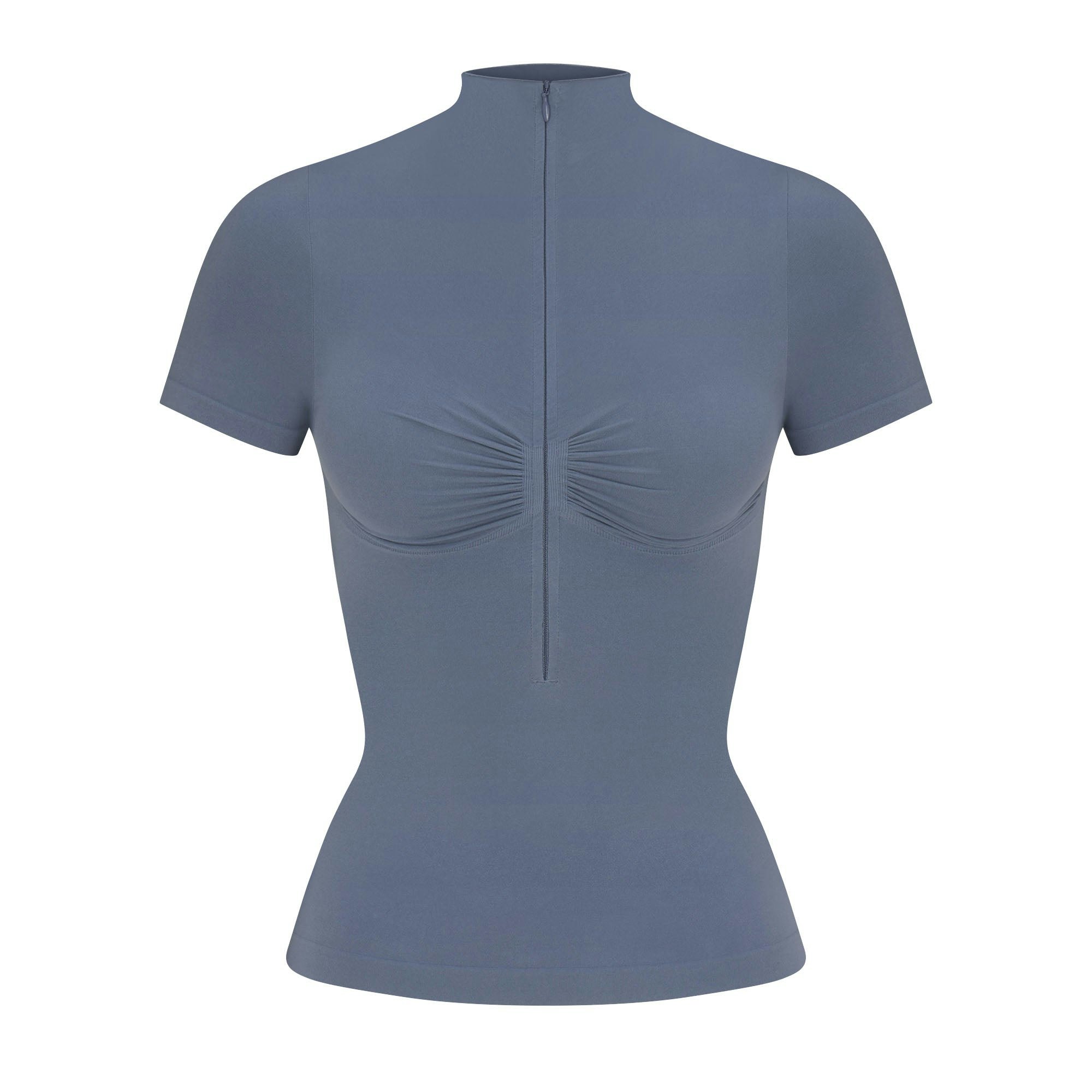 SEAMLESS SCULPT ZIP FRONT T-SHIRT | STEEL BLUE FLAT ON A WHITE BACKGROUND | FLT