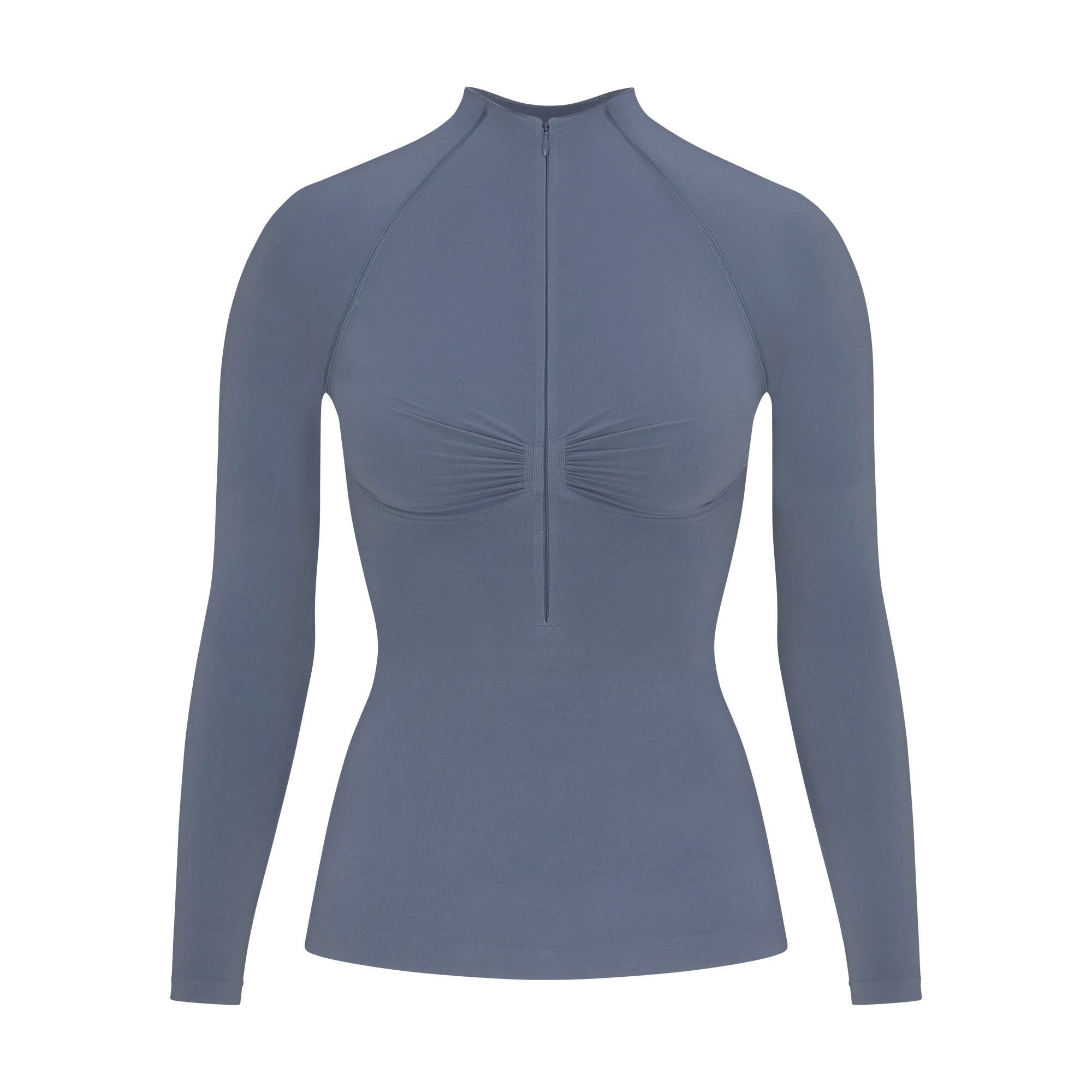 SEAMLESS SCULPT ZIP FRONT LONG SLEEVE T-SHIRT | STEEL BLUE