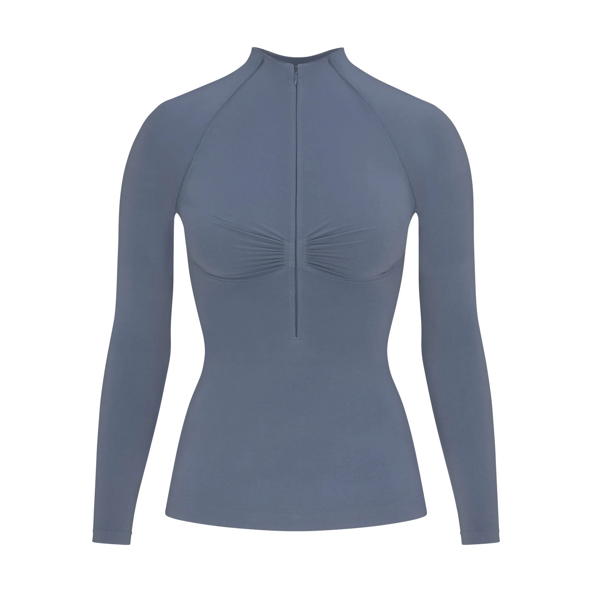 SEAMLESS SCULPT MOCK NECK LONG SLEEVE T-SHIRT | STEEL BLUE FLAT ON A WHITE BACKGROUND | FLT
