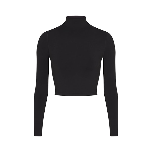 NikeSKIMS VINTAGE SEAMLESS MOCK NECK CROP TOP | OBSIDIAN FLAT ON A WHITE BACKGROUND | FLT