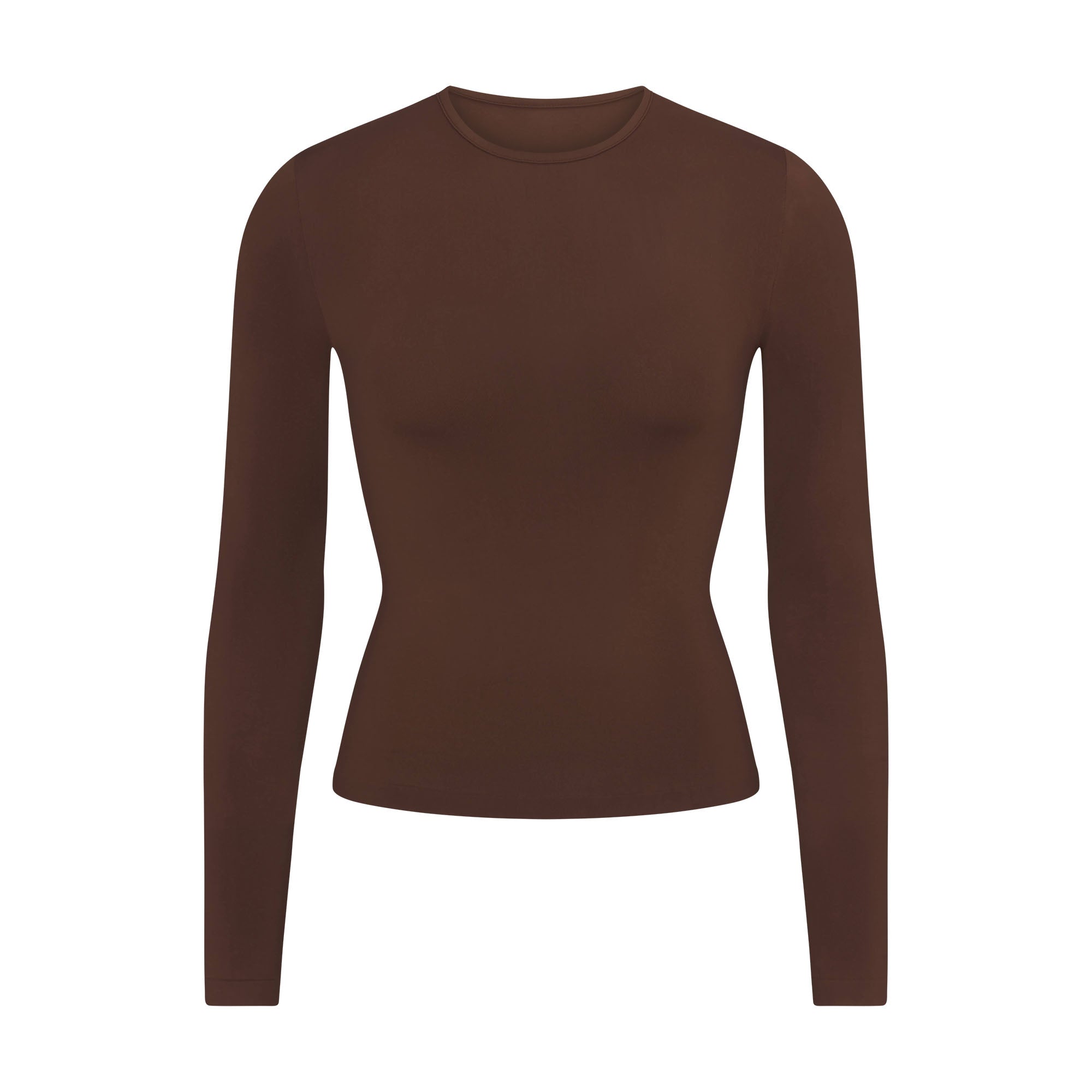 SOFT SMOOTHING SEAMLESS LONG SLEEVE T-SHIRT | COCOA FLAT ON A WHITE BACKGROUND | FLT