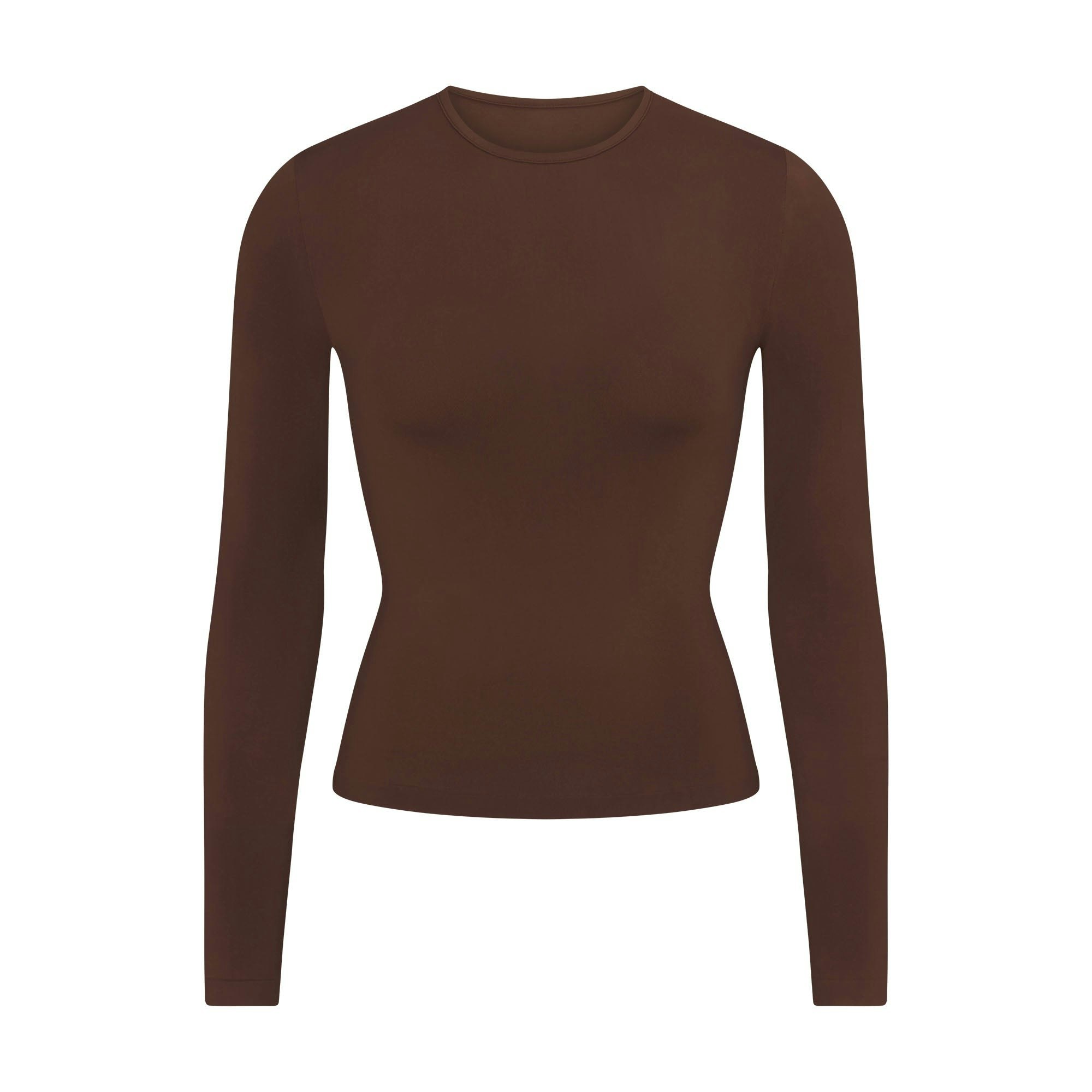 SOFT SMOOTHING SEAMLESS LONG SLEEVE T-SHIRT | COCOA FLAT ON A WHITE BACKGROUND | FLT