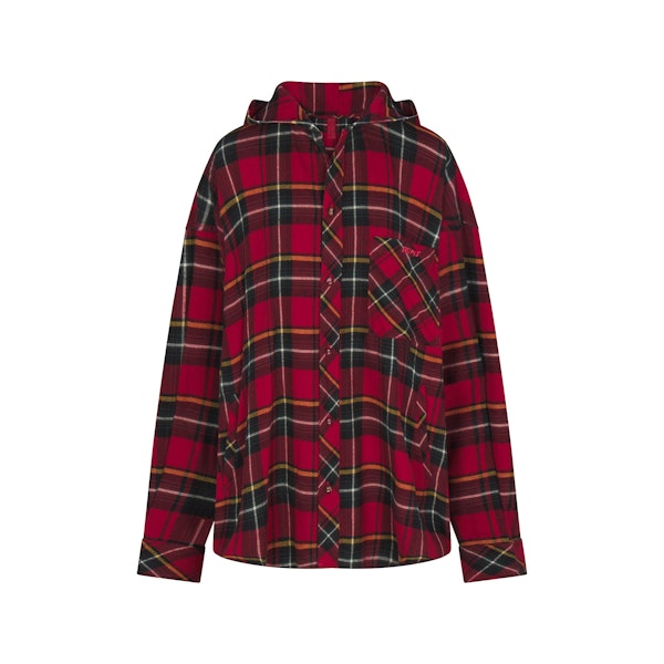 FLANNEL SLEEP OVERSIZED HOODED BUTTON UP SHIRT | RED HOLIDAY PLAID FLAT ON A WHITE BACKGROUND | FLT