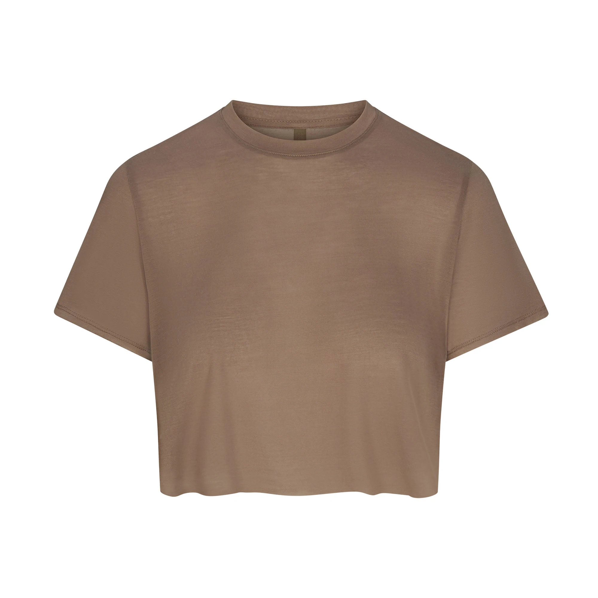 KIM'S SLEEP CROPPED T-SHIRT | TRUFFLE (CROP TOPS) FLAT ON A WHITE BACKGROUND | FLT