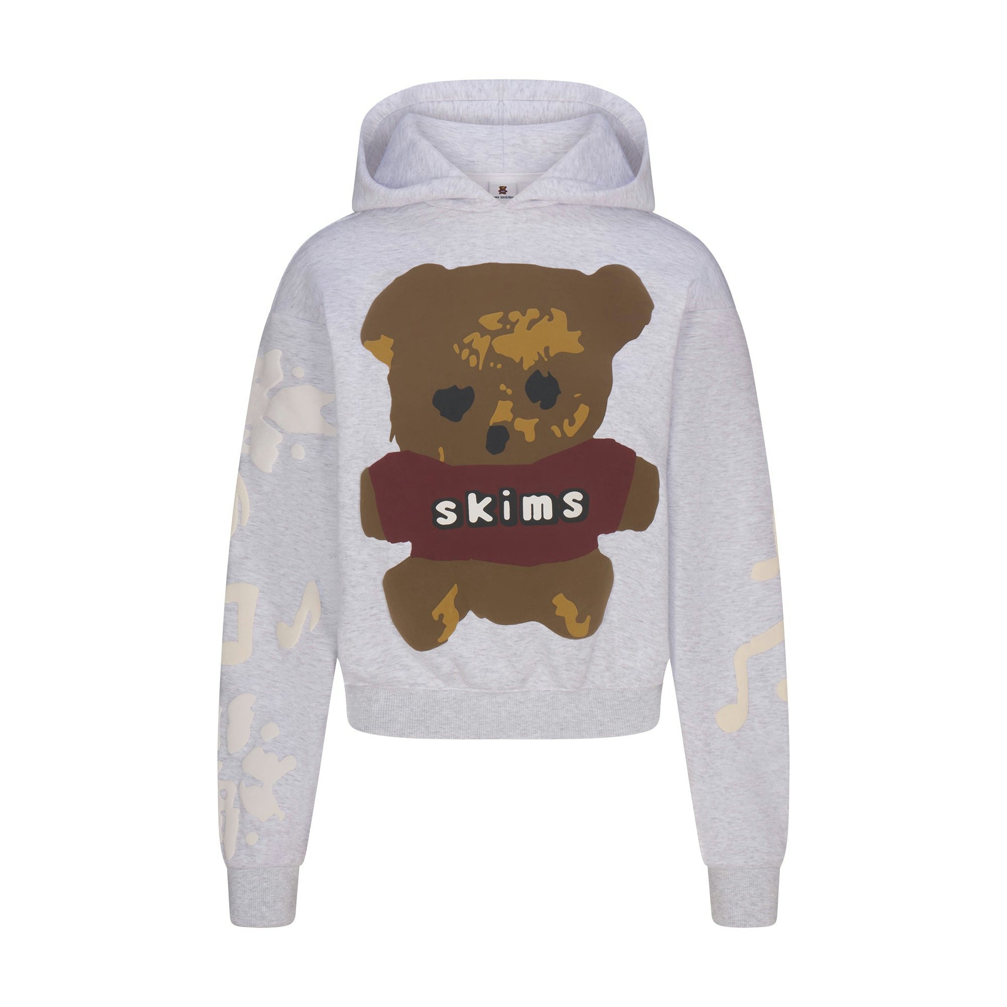 CACTUS PLANT FLEA MARKET X SKIMS COTTON FLEECE HOODIE | LIGHT HEATHER GREY TEDDY BEAR PRINT FLAT ON A WHITE BACKGROUND