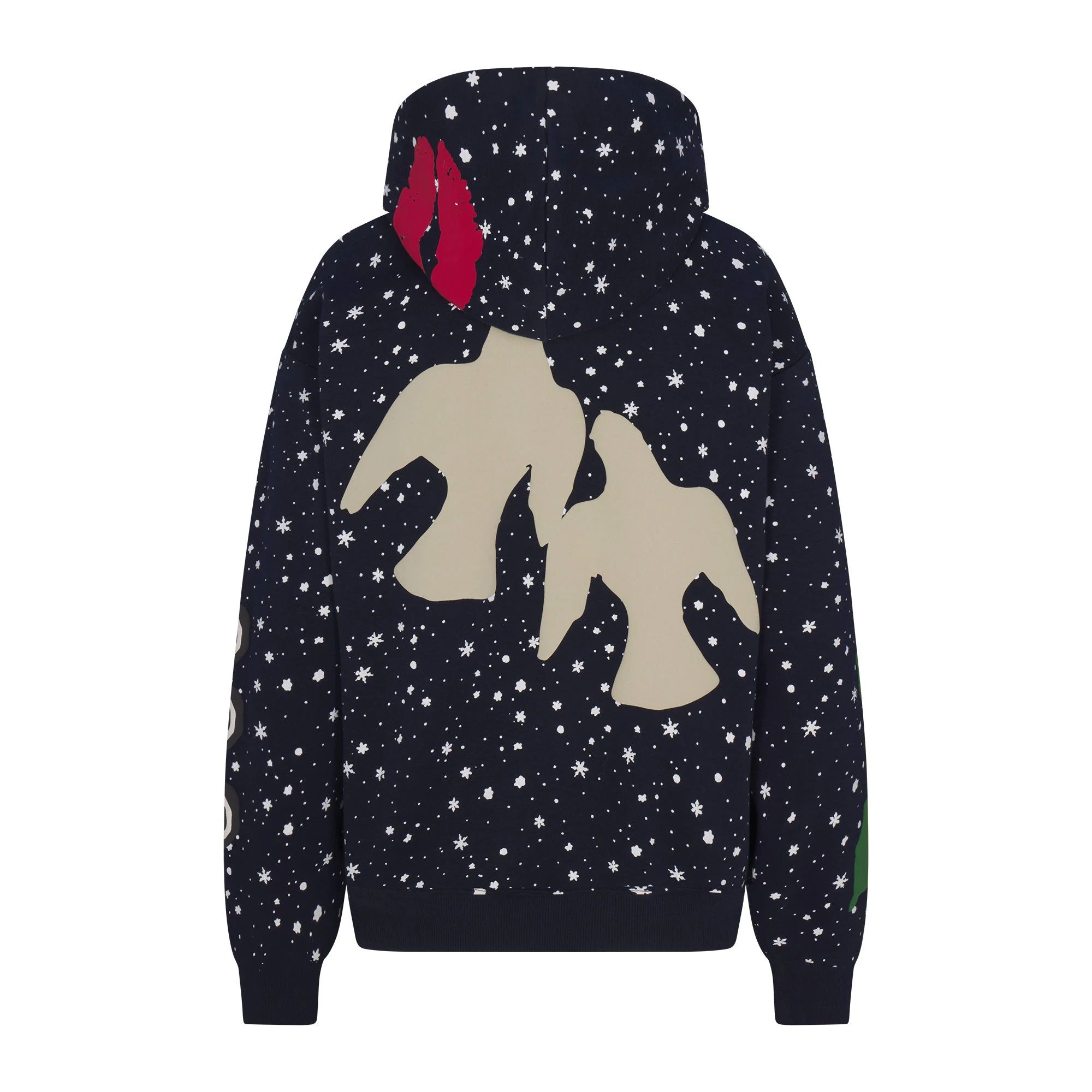 CACTUS PLANT FLEA MARKET X SKIMS COTTON FLEECE OVERSIZED HOODIE | NAVY DOVE SNOW PRINT FLAT ON A WHITE BACKGROUND