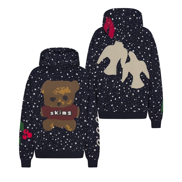 CACTUS PLANT FLEA MARKET X SKIMS COTTON FLEECE OVERSIZED HOODIE | NAVY DOVE SNOW PRINT FLAT ON A WHITE BACKGROUND | FLT