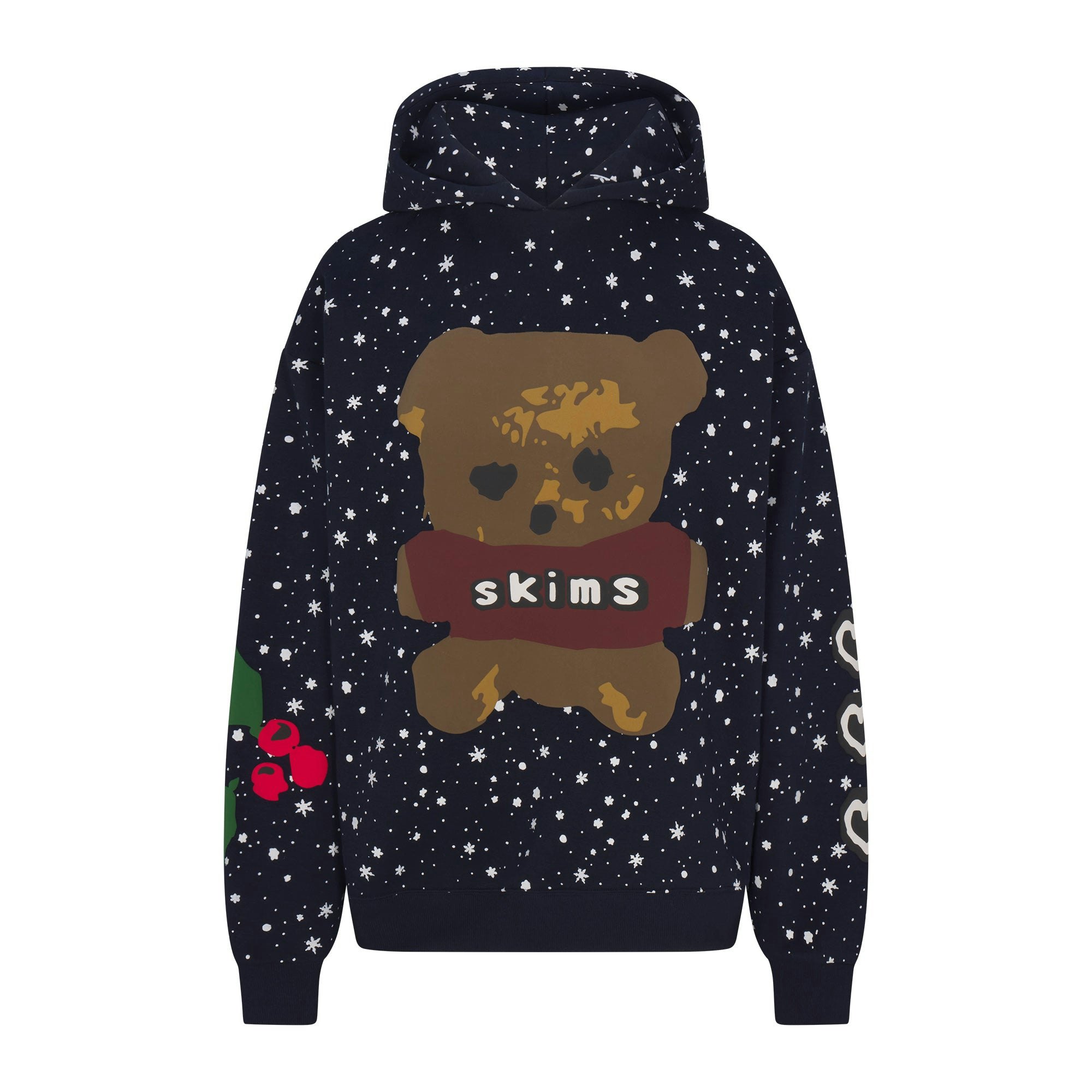 CACTUS PLANT FLEA MARKET X SKIMS COTTON FLEECE OVERSIZED HOODIE | NAVY DOVE SNOW PRINT FLAT ON A WHITE BACKGROUND