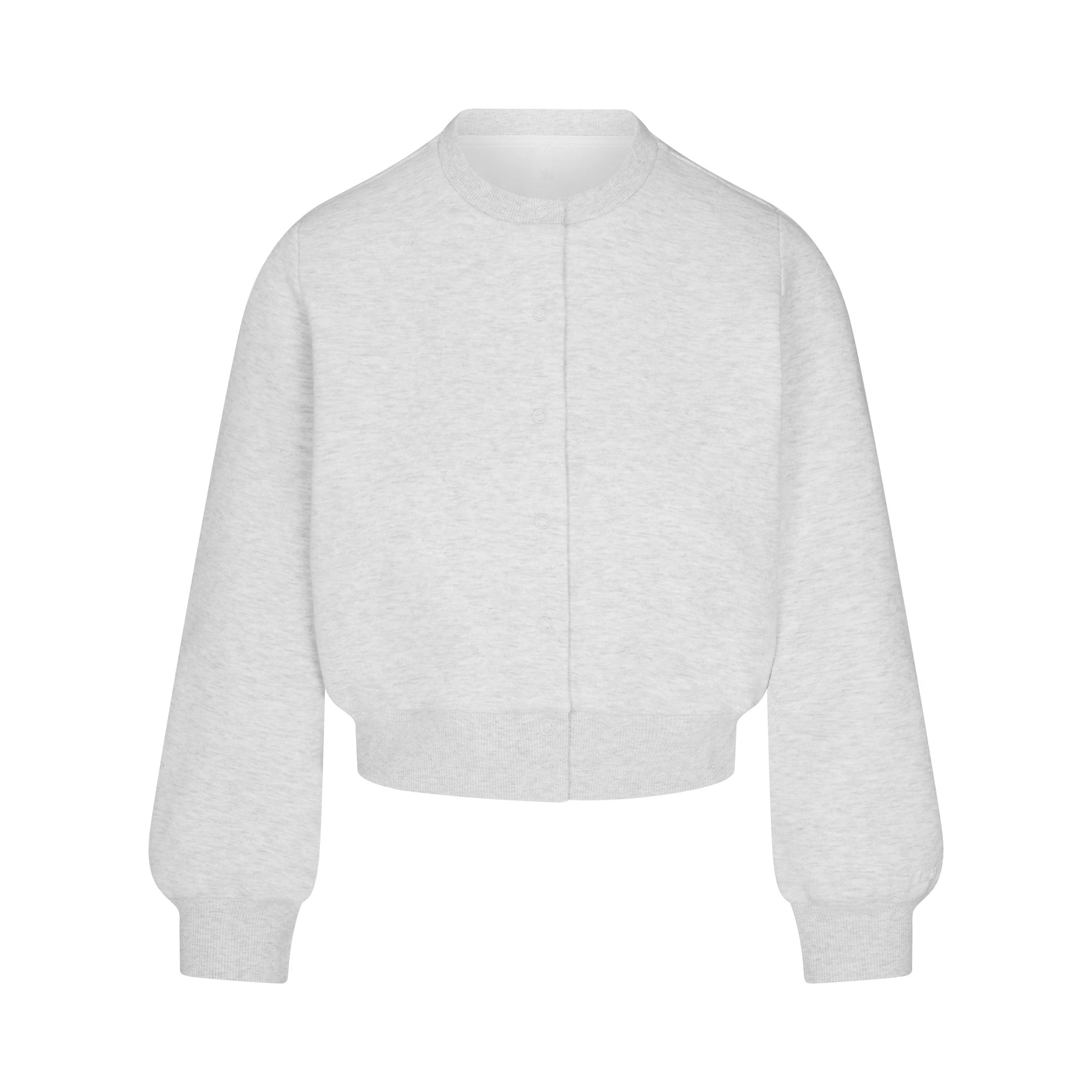 COTTON FLEECE SHRUNKEN CARDIGAN | LIGHT HEATHER GREY FLAT ON A WHITE BACKGROUND | FLT