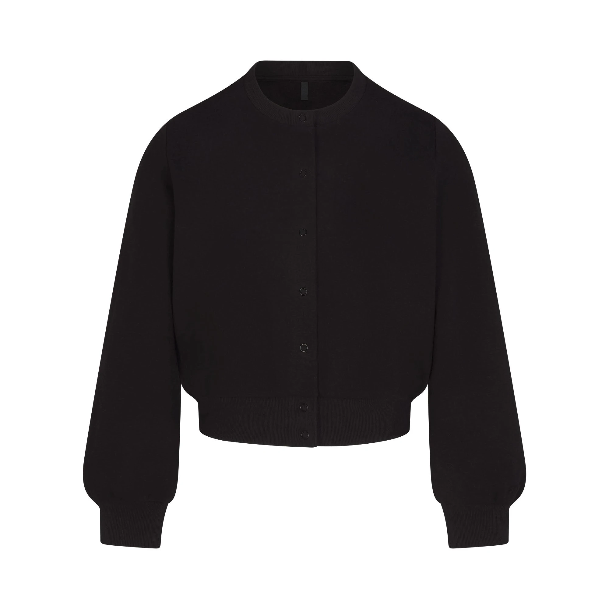 COTTON FLEECE SHRUNKEN CARDIGAN | ONYX & LAYS FLAT ON A WHITE BACKGROUND | FLT